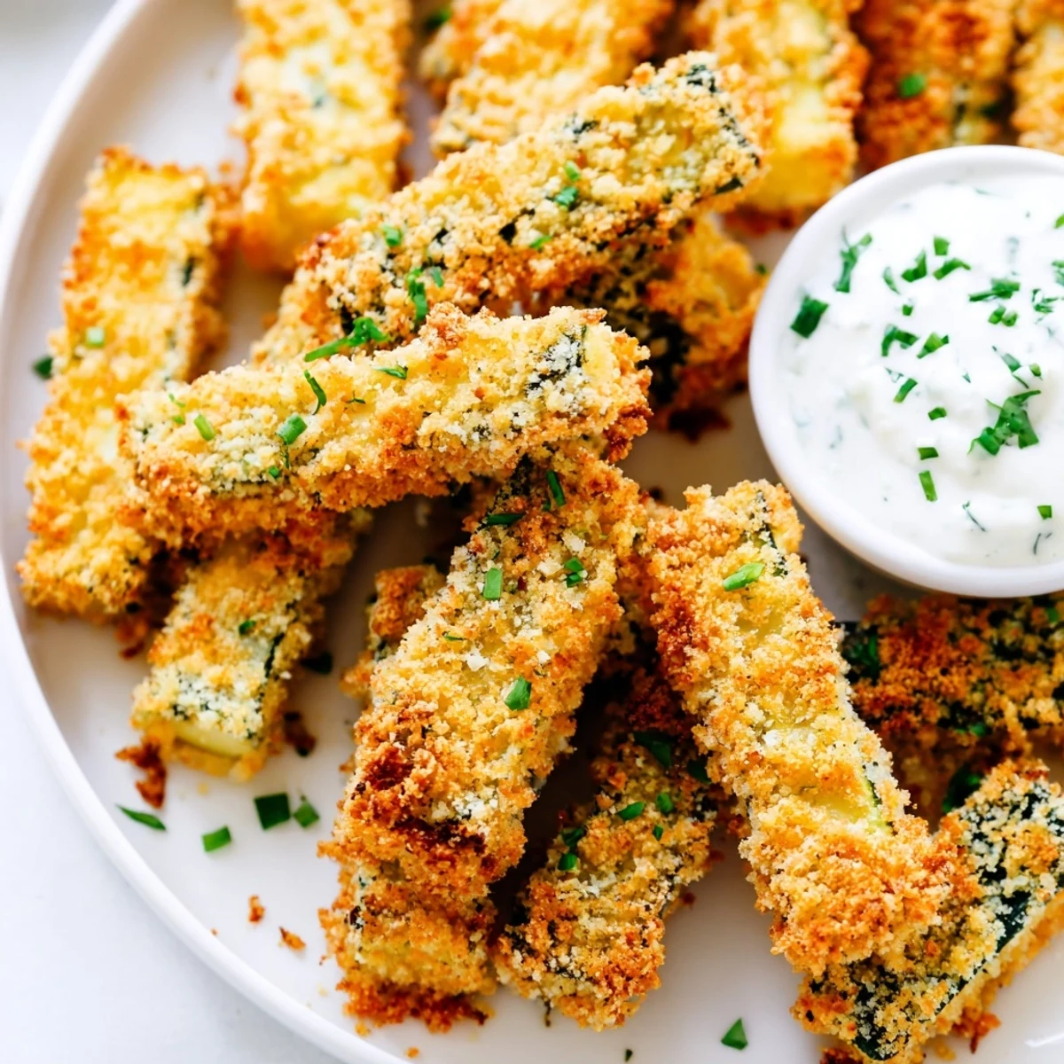 Close-up of Crispy Zucchini Fries with Ranch showing crunchy panko coating and creamy dip in a small bowl.