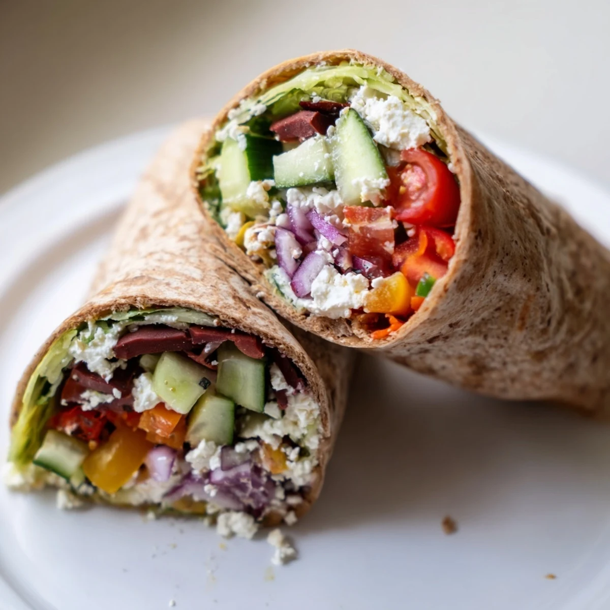 Golden Mediterranean Wrap with Feta cut in half on a rustic board, revealing chopped cucumbers, tomatoes, and creamy feta inside.