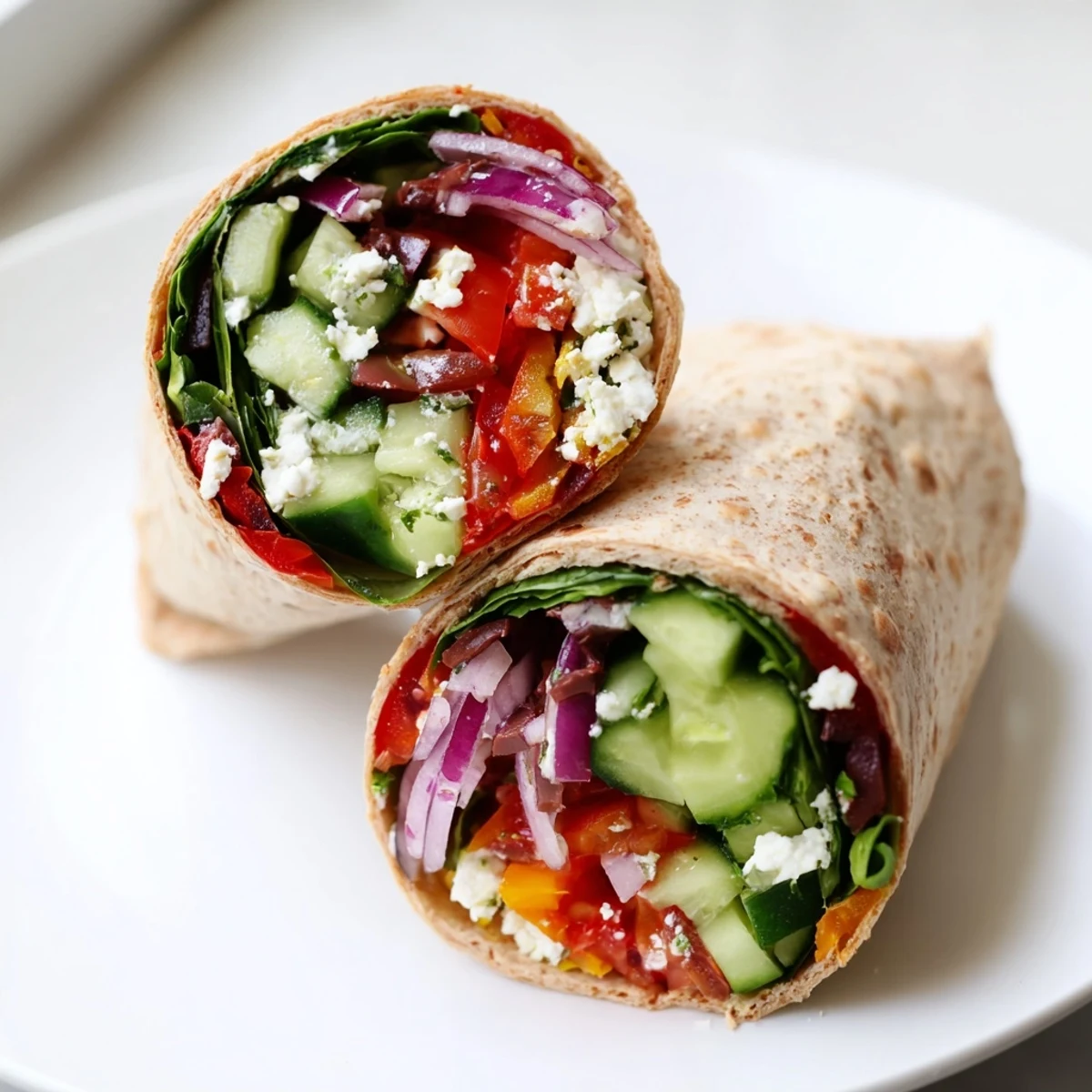 Freshly prepared Mediterranean Wrap with Feta drizzled in tangy yogurt sauce, ready to eat alongside a colorful salad.