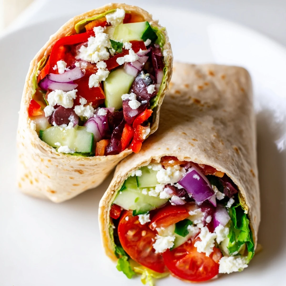 Soft whole wheat tortilla wrapped around crisp veggies and crumbled feta, garnished with dill and lemon on a plate.