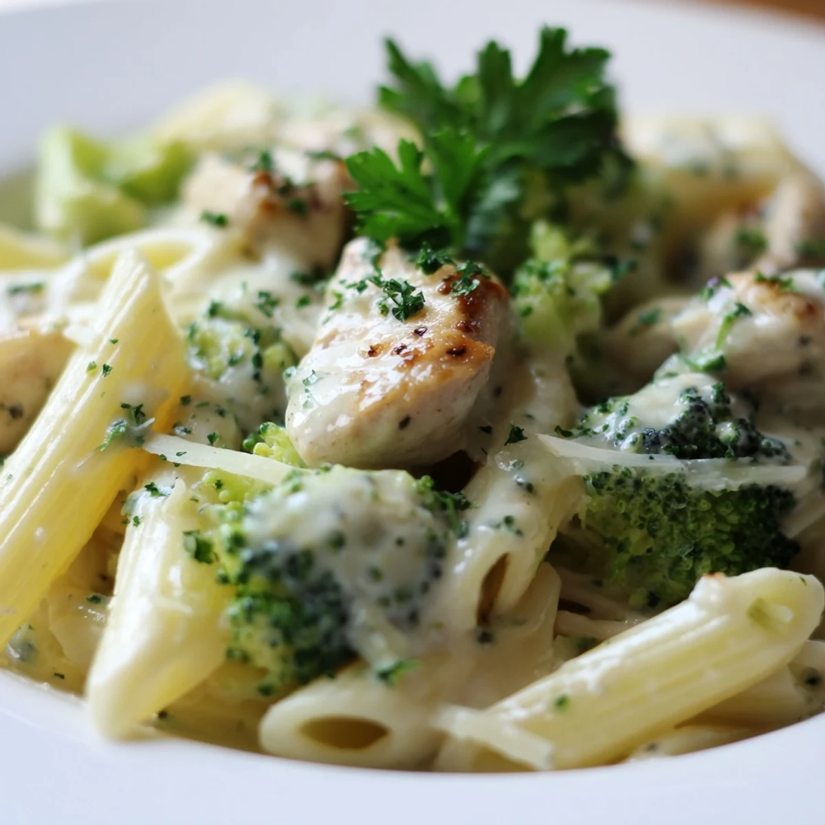 Hearty Creamy Broccoli Pasta with Chicken served in a bowl, garnished with fresh parsley and extra Parmesan, perfect for weeknight dinner.