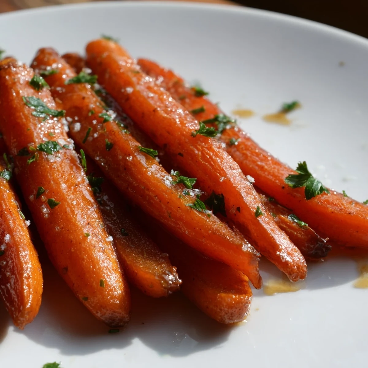 Golden brown Roasted Carrots with Maple Glaze are served warm from the oven, creating a beautiful caramelized centerpiece for any dinner plate.