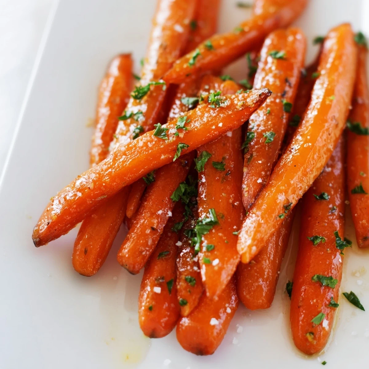 Roasted Carrots with Maple Glaze glisten on a baking sheet, lightly garnished with fresh parsley for a simple, elegant side dish.