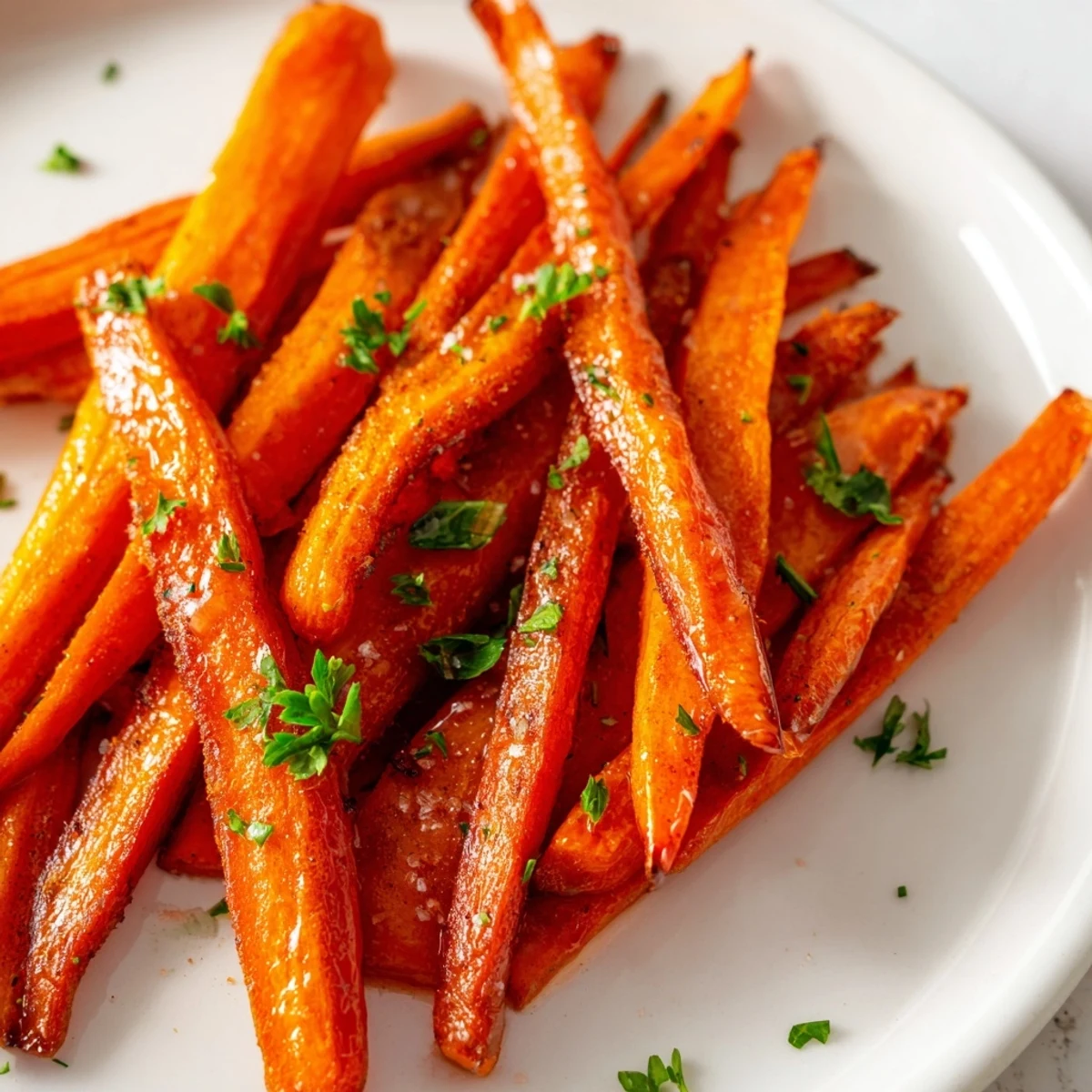 These Roasted Carrots with Maple Glaze feature tender, orange carrots coated in a glossy, sweet, and savory sauce, ready to be enjoyed.