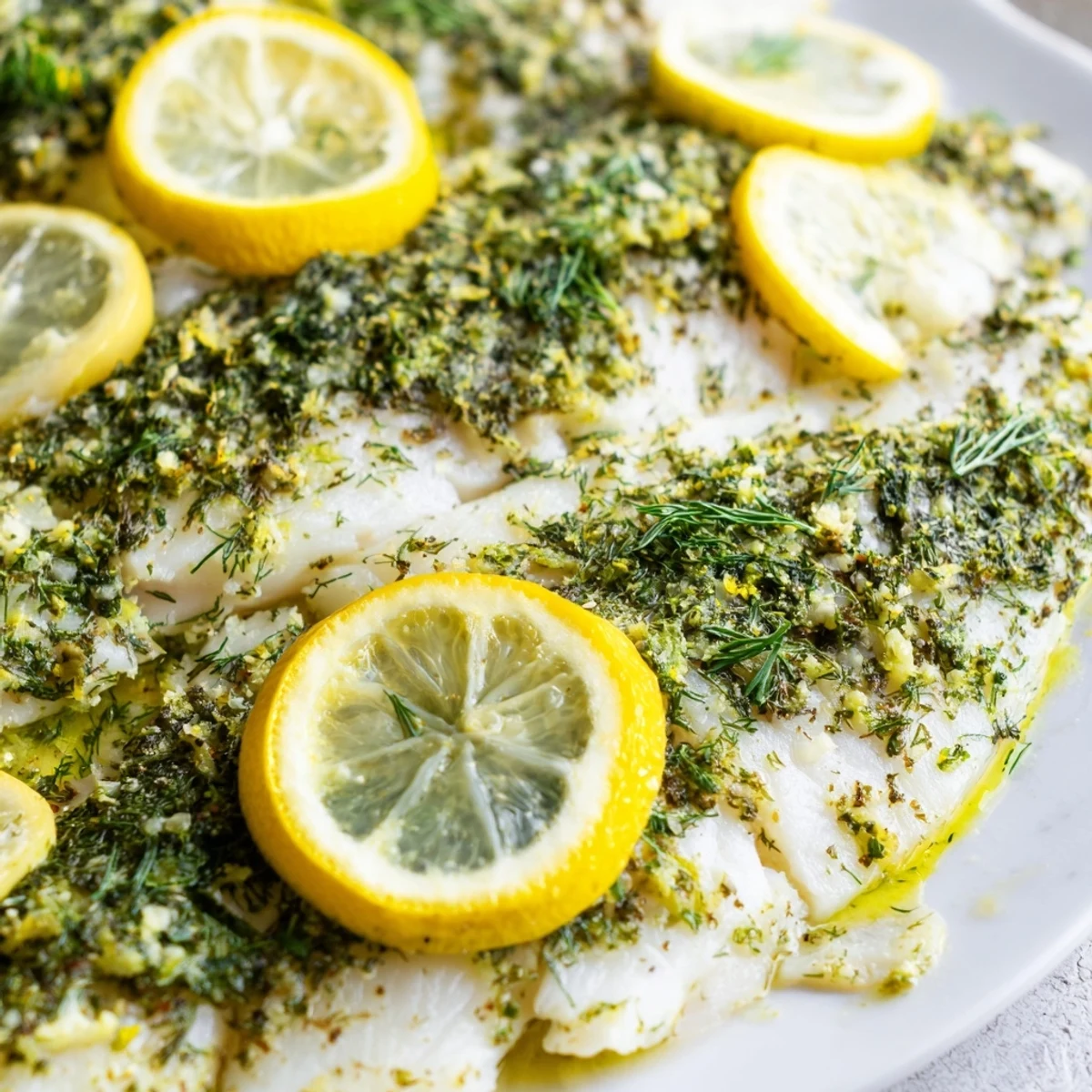 Golden-brown Baked Tilapia with Herbs topped with fresh parsley and lemon slices, steaming on a baking sheet ready to serve.