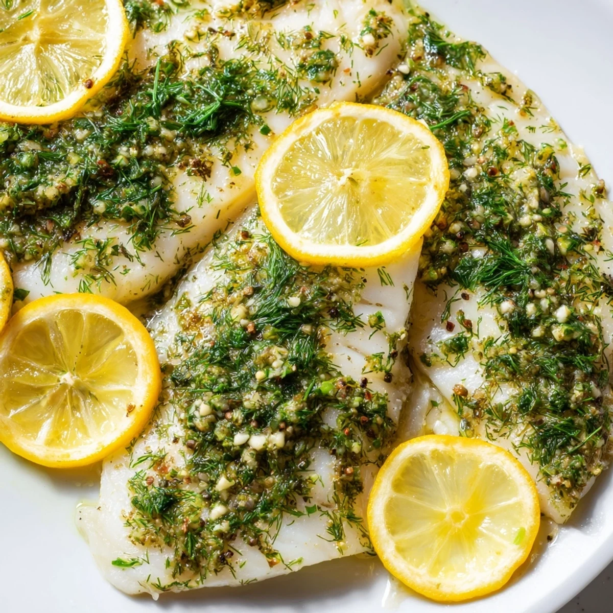 Tender flaky Baked Tilapia with Herbs garnished with dill and basil, arranged beautifully on a white dinner plate with roasted veggies.