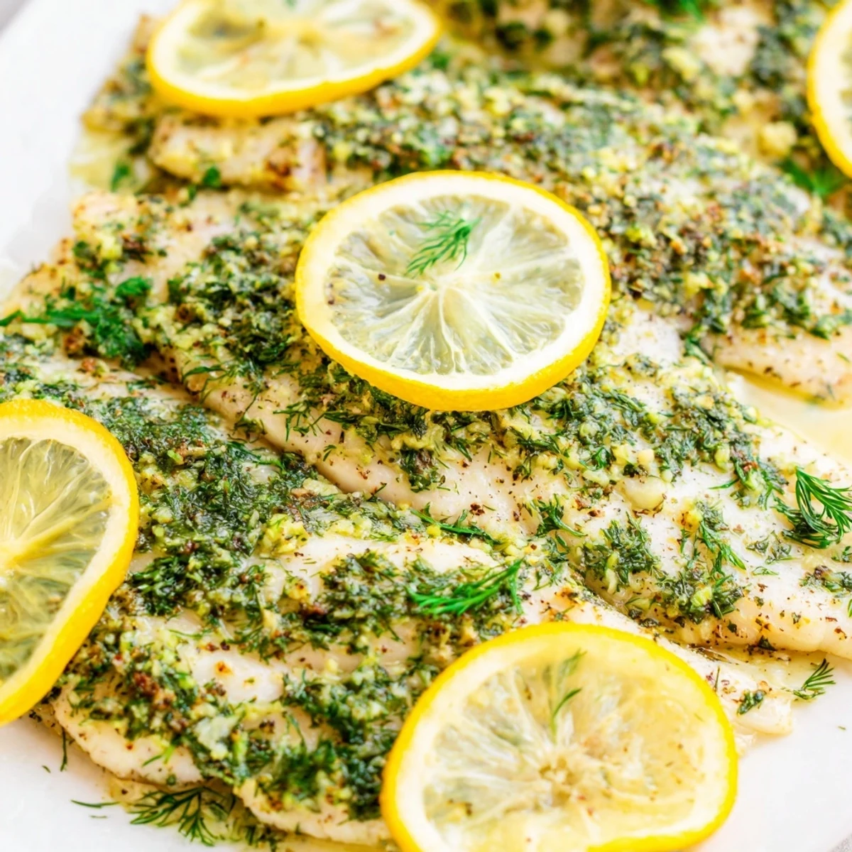 Freshly baked Baked Tilapia with Herbs featuring minced garlic and lemon zest, served hot from the oven with a lemon wedge.