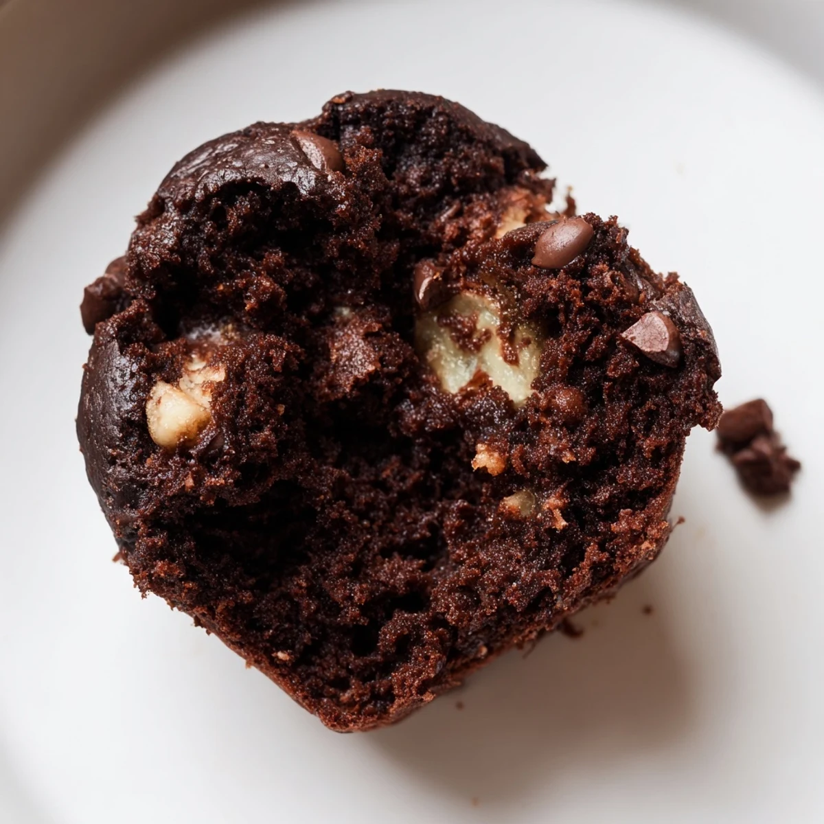 Warm Chocolate Banana Muffins piled high on a white plate, ready for breakfast.