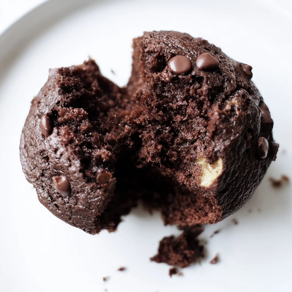 Moist Chocolate Banana Muffins split open to reveal a rich, tender chocolate crumb.
