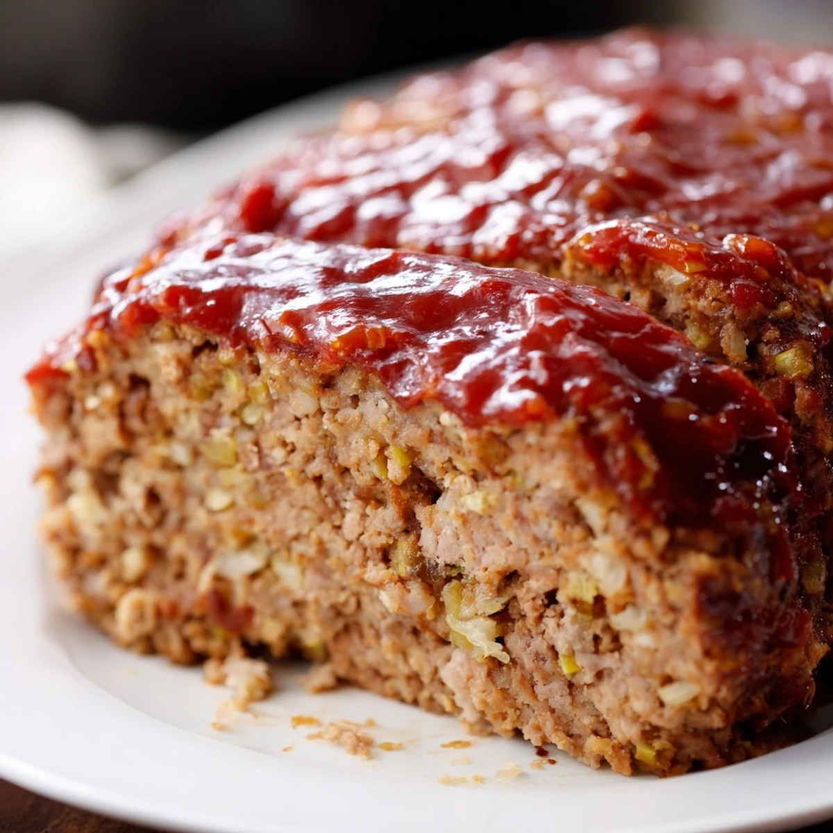 Freshly baked Turkey Meatloaf with Ketchup glaze, sliced and served on a white plate alongside creamy mashed potatoes and green beans.