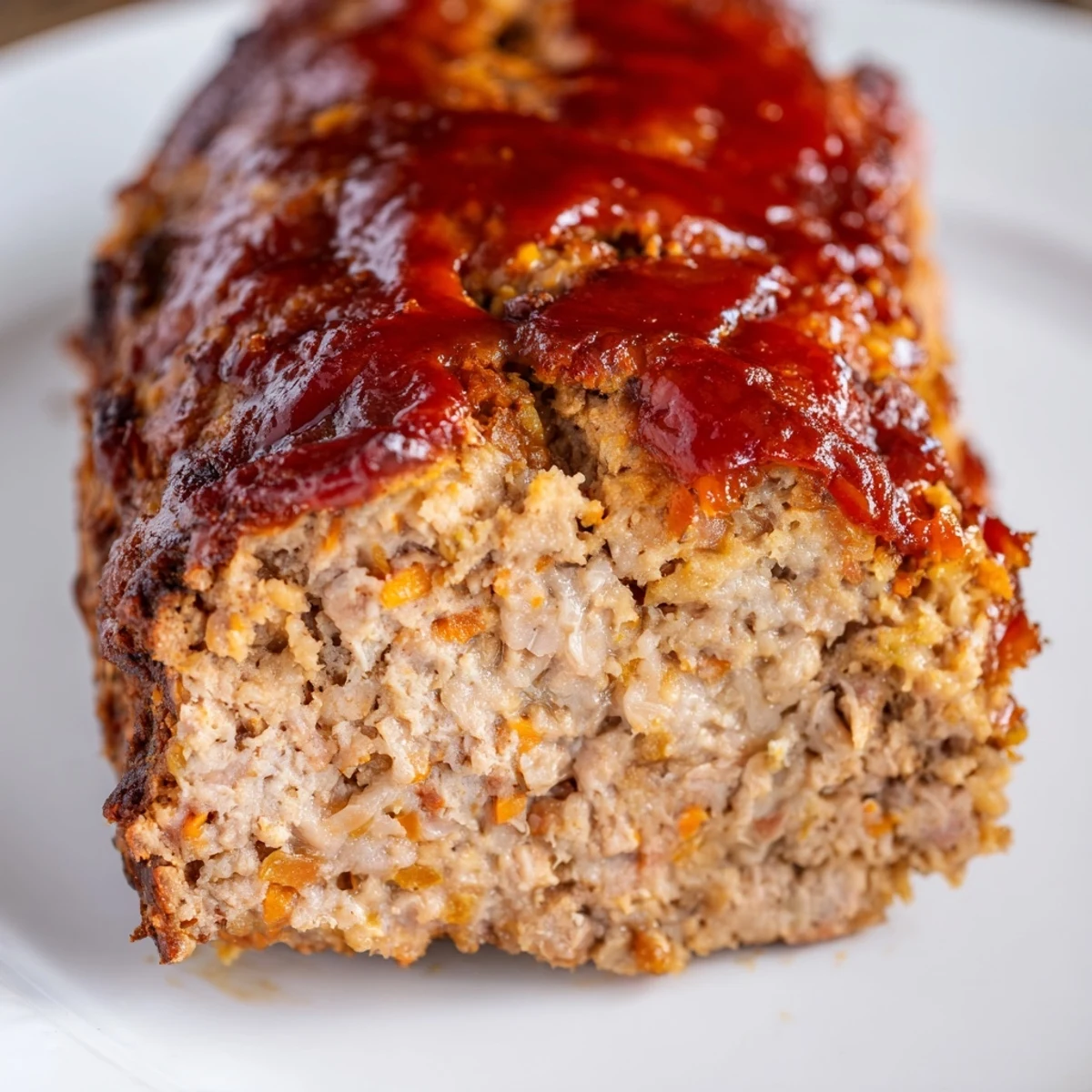 Juicy Turkey Meatloaf with Ketchup topping rests on a wooden cutting board, garnished with fresh thyme and ready for a comforting dinner.