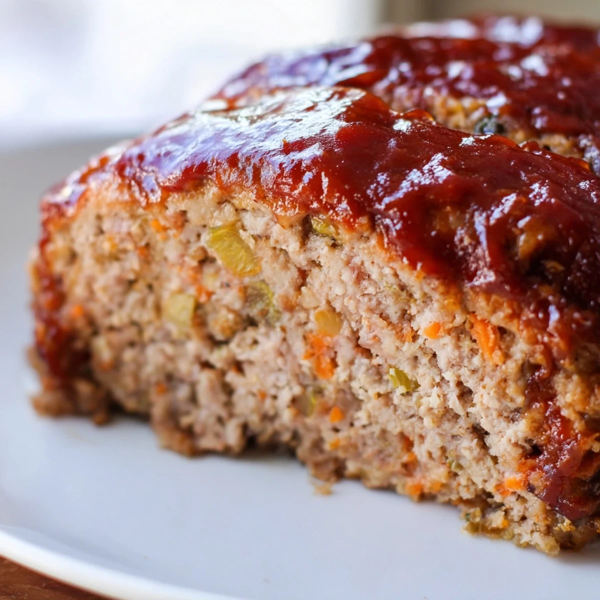 Golden brown Turkey Meatloaf with Ketchup glaze, baked to perfection and cut into thick, tender slices, ideal for a healthy weeknight meal.