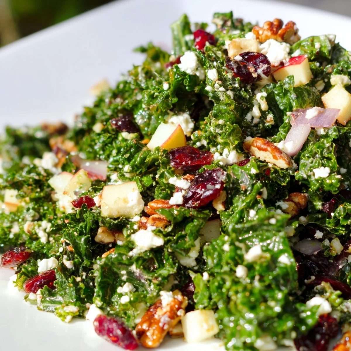 A large bowl of Winter Kale Salad with Cranberries, tossed in zesty citrus vinaigrette and ready for a healthy lunch.