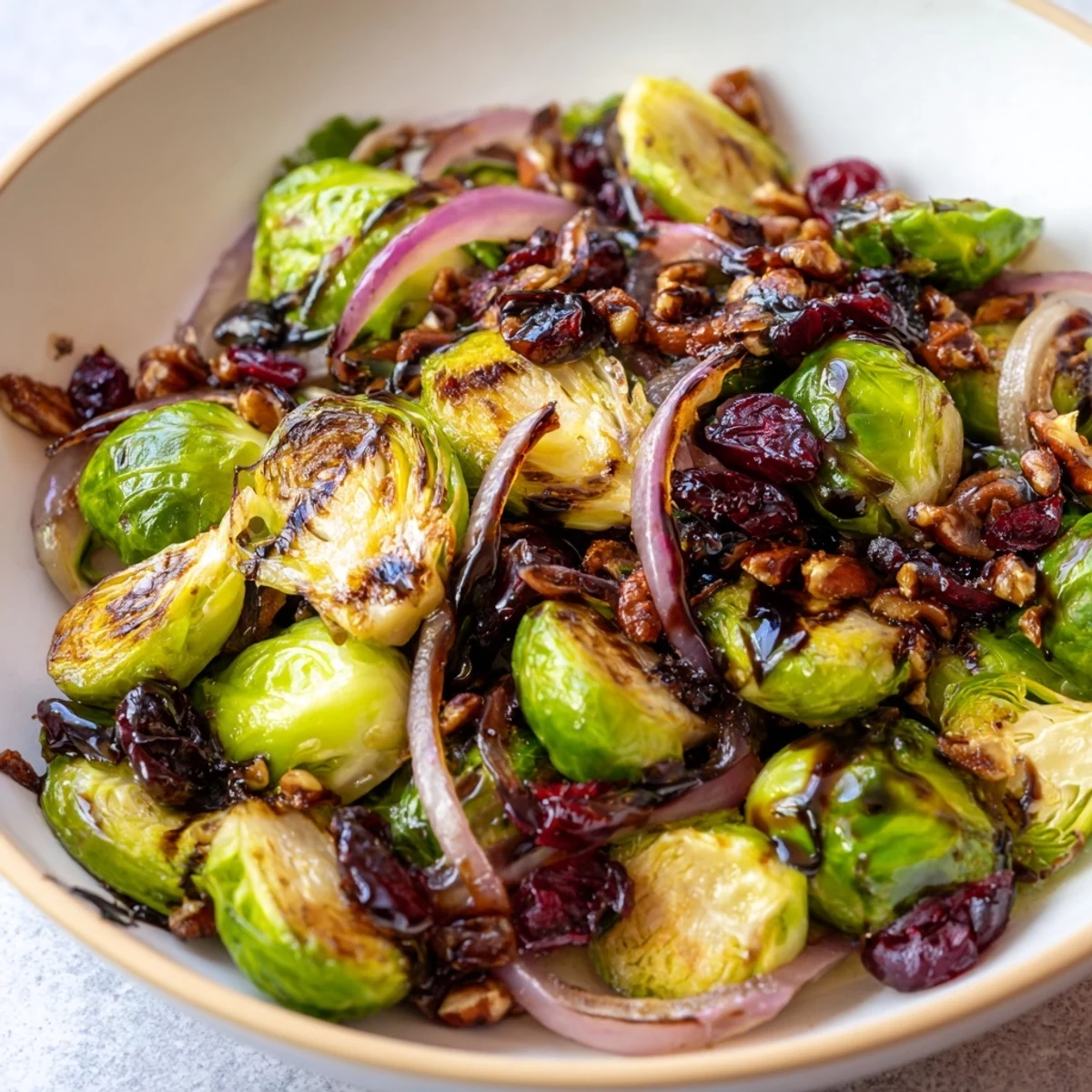 Golden-brown Roasted Brussels Sprouts with Cranberries are garnished with chopped pecans and a glossy balsamic drizzle on a white platter.