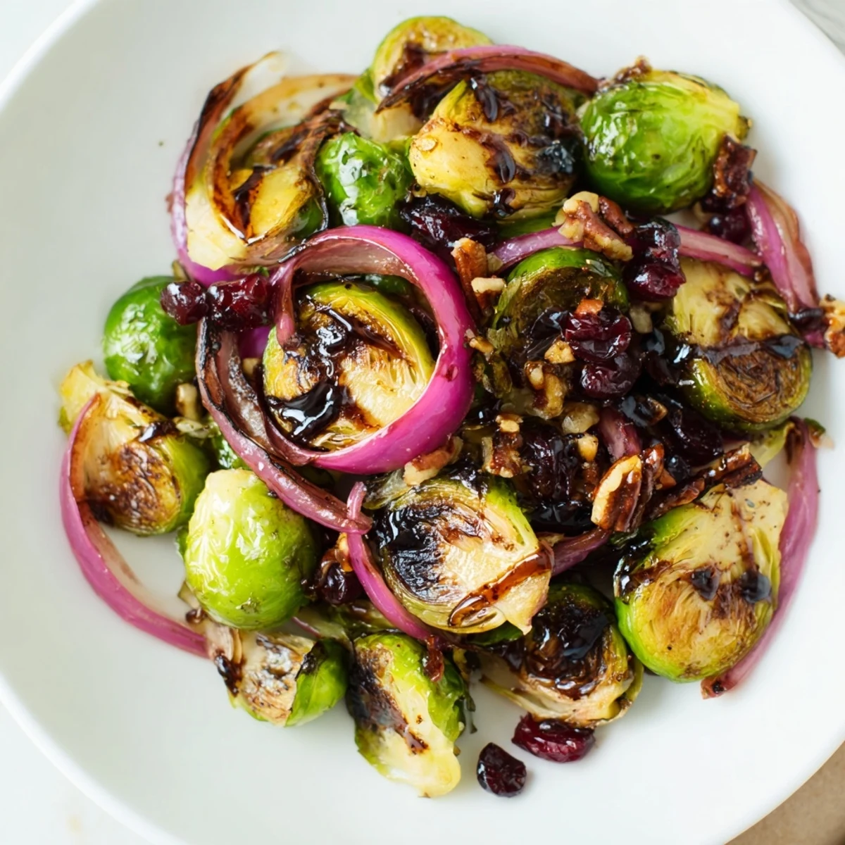 A close-up of crispy Roasted Brussels Sprouts with Cranberries showing charred edges, juicy cranberries, and chopped walnuts on a rustic wood board.