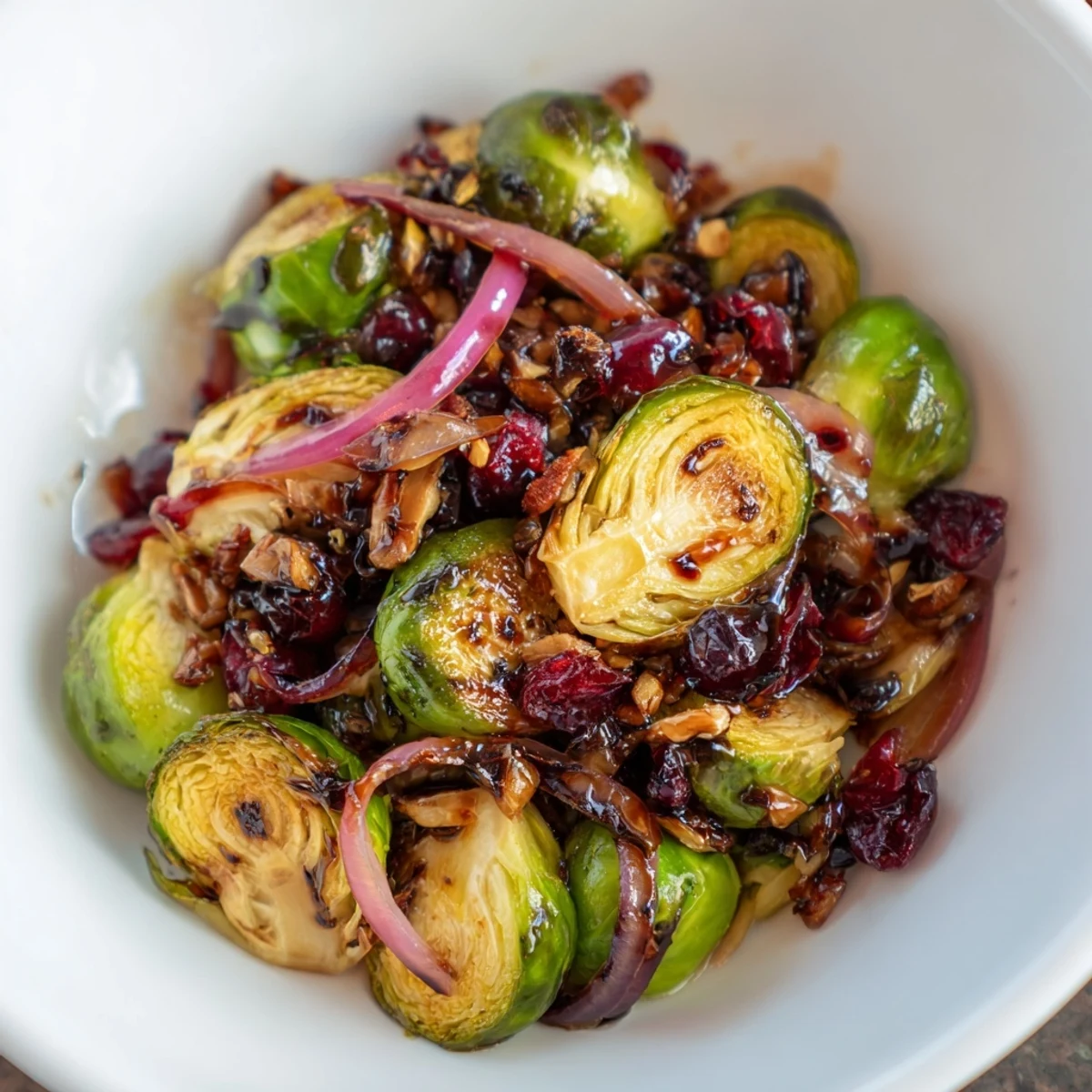 This festive Roasted Brussels Sprouts with Cranberries side dish is served warm with a balsamic glaze, ready for a holiday dinner table.