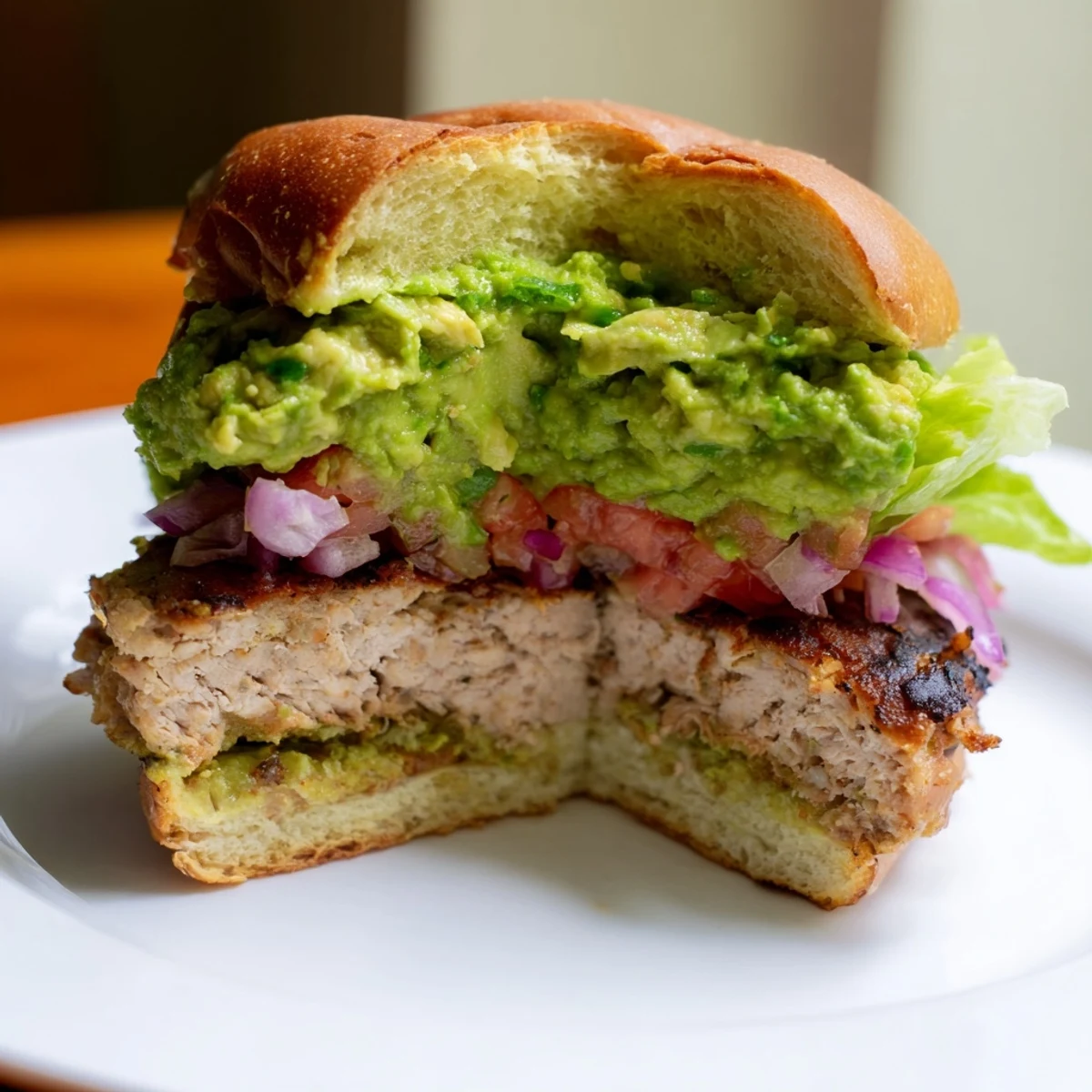 Golden-brown turkey burger patties topped with creamy homemade guacamole and fresh toppings on toasted buns.