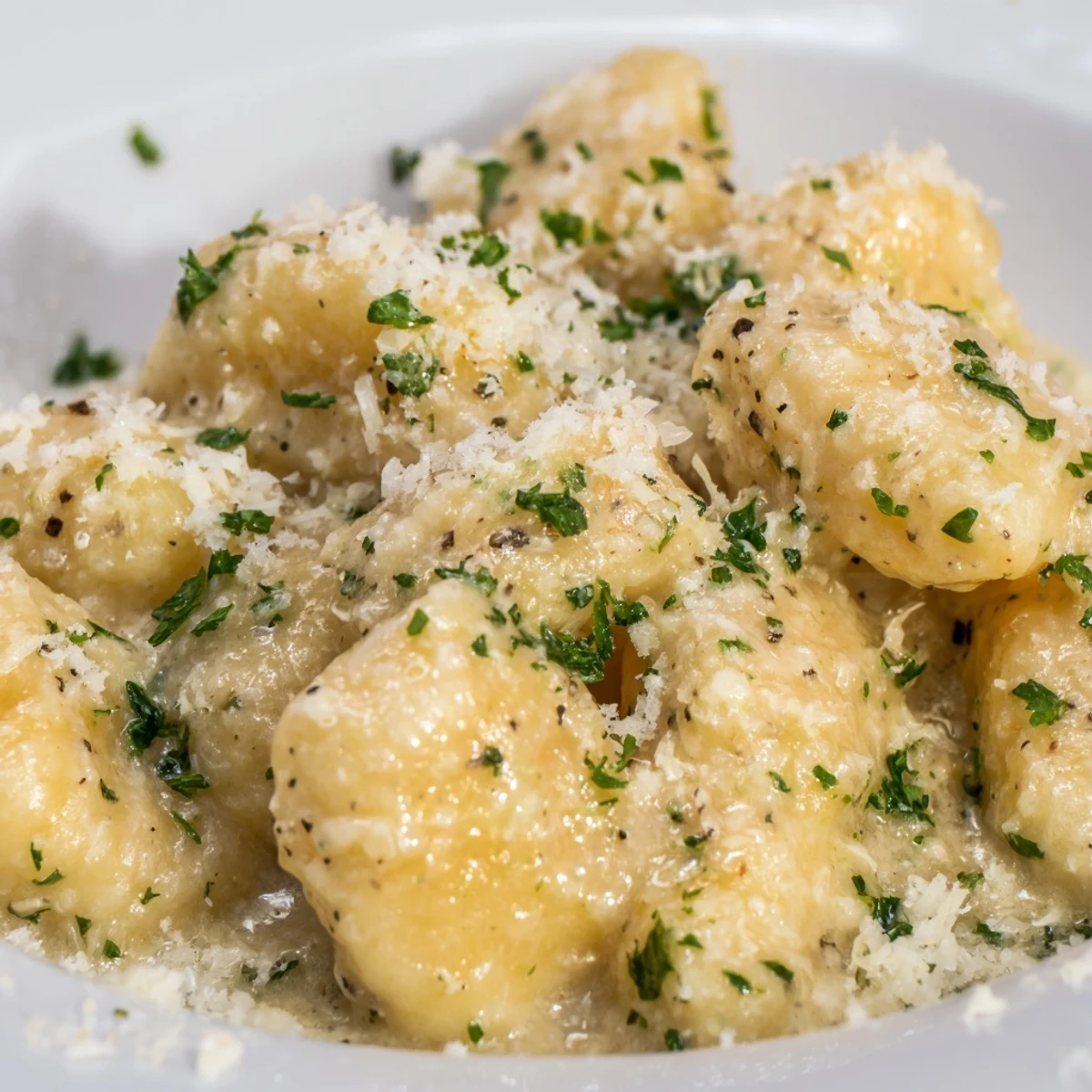 Creamy Garlic Parmesan Gnocchi served hot from the skillet, with tender potato dumplings coated in rich, velvety sauce and fresh parsley garnish.