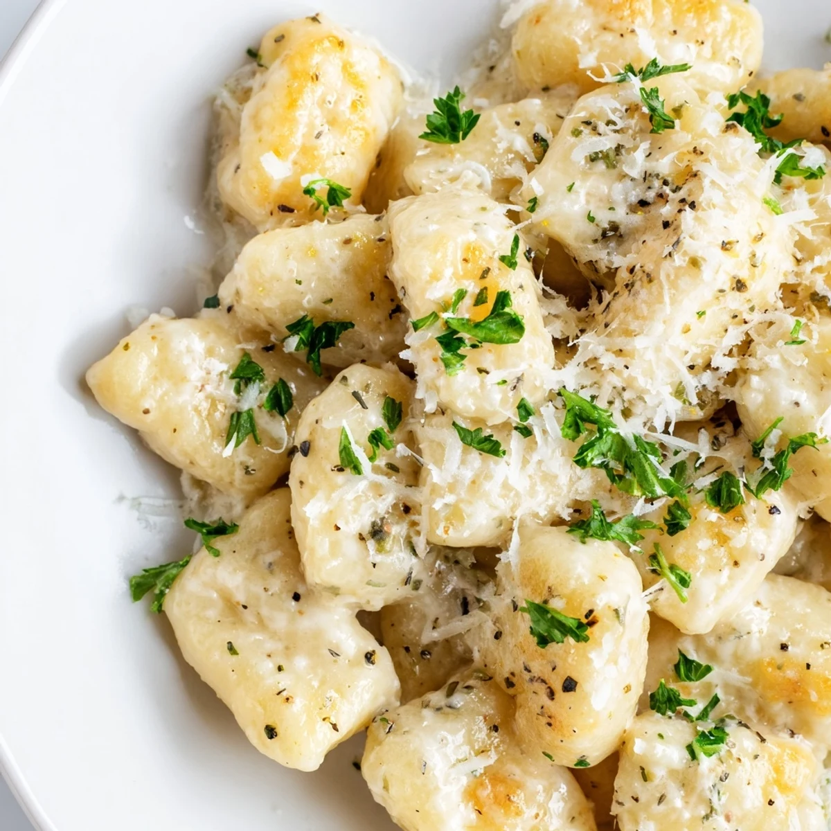 A close-up of Creamy Garlic Parmesan Gnocchi, showcasing golden, garlicky sauce clinging to soft gnocchi with freshly grated Parmesan on top.
