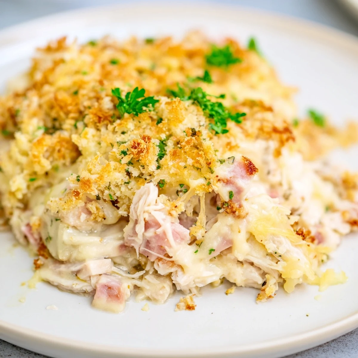 This comforting chicken casserole is topped with buttery panko and fresh parsley for a crunchy texture.