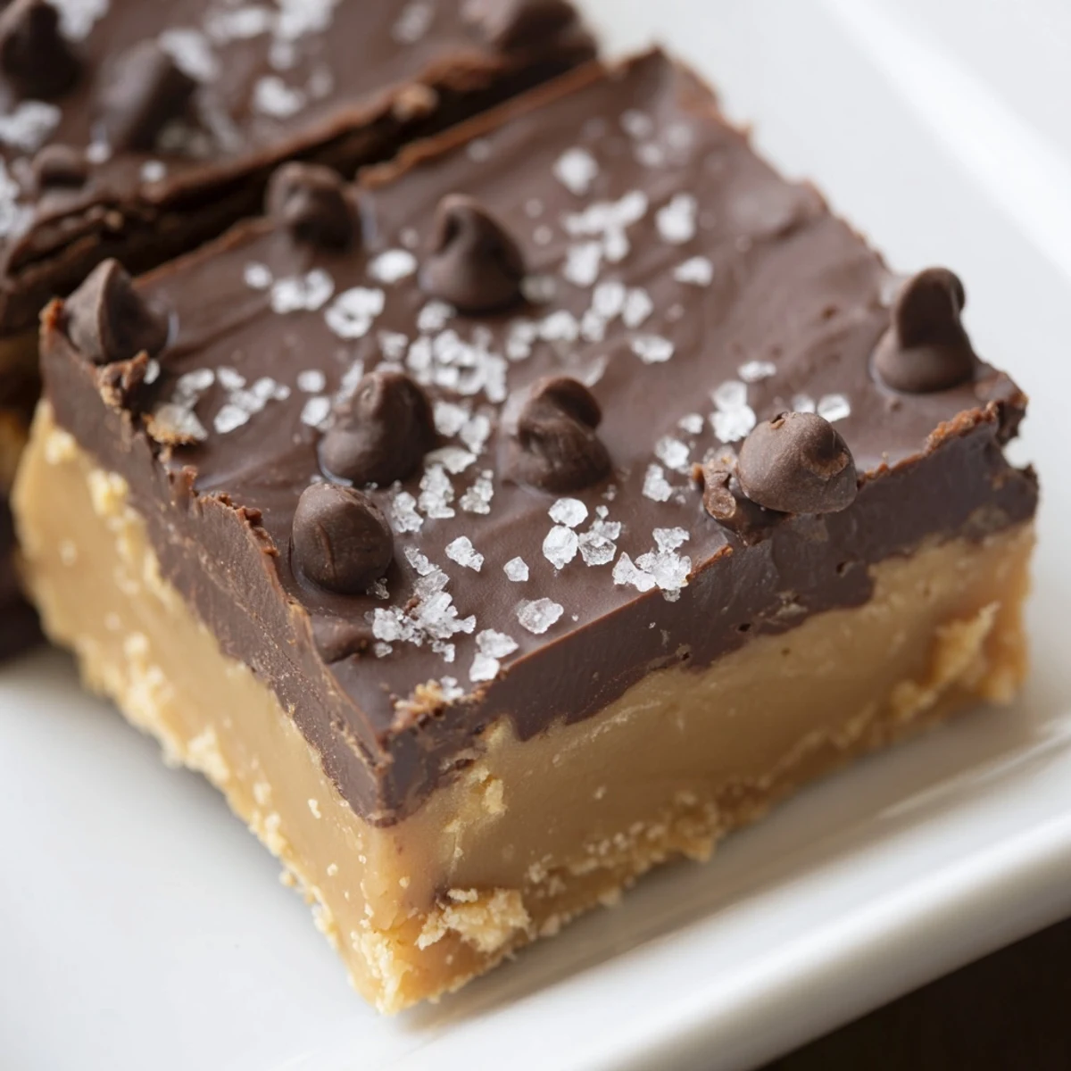 Perfectly cut squares of rich chocolate peanut butter fudge are arranged on a white plate, ready to serve.