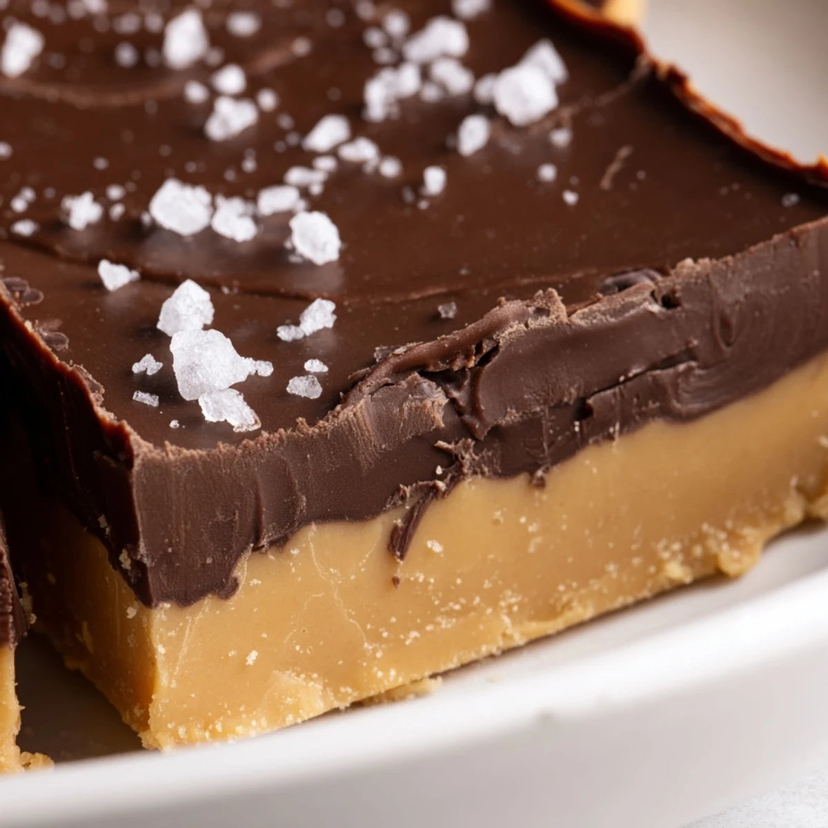 A hand lifts a creamy square of chocolate peanut butter fudge, revealing smooth layers and a soft texture.