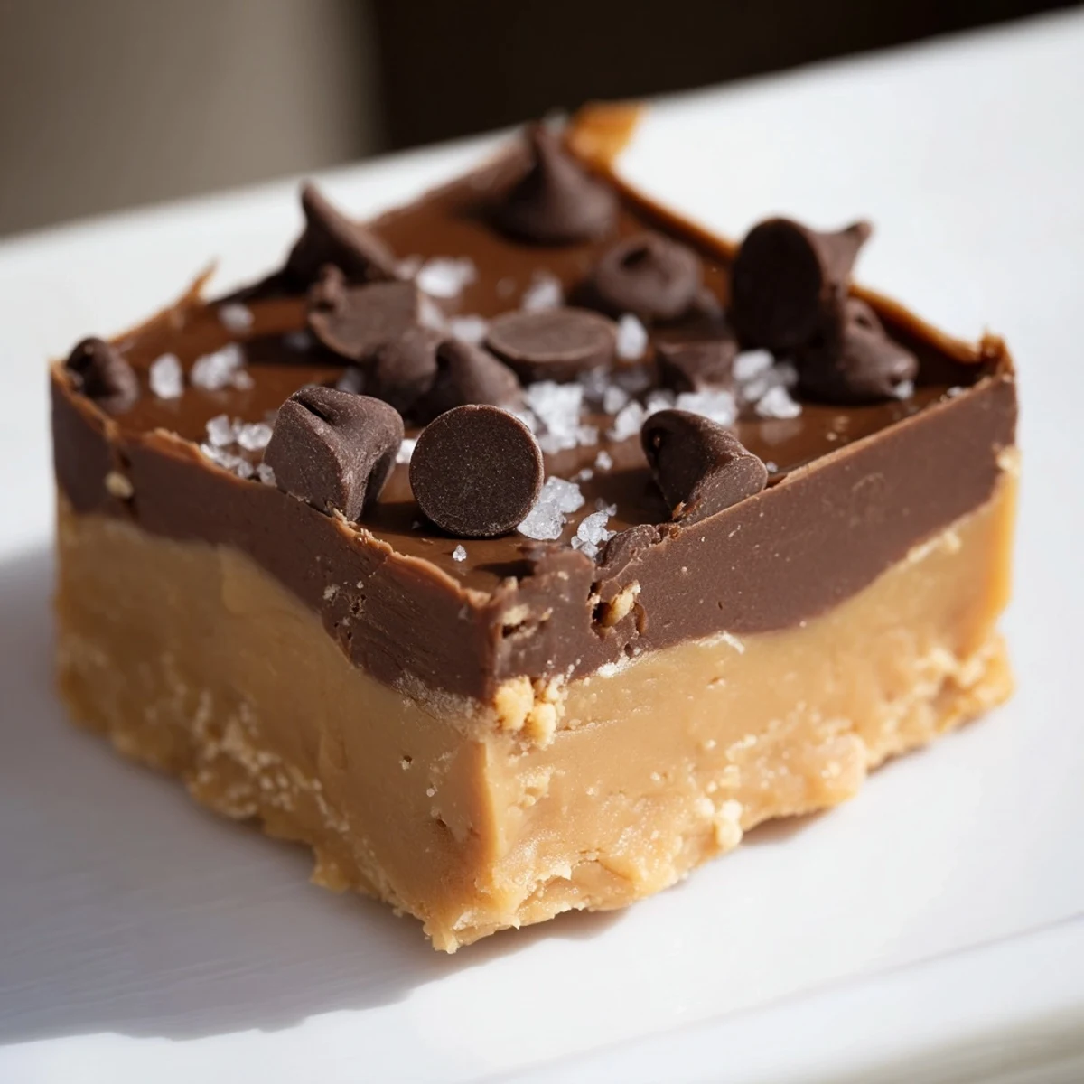 Homemade chocolate peanut butter fudge stacked on parchment paper, glistening with a glossy, decadent finish.