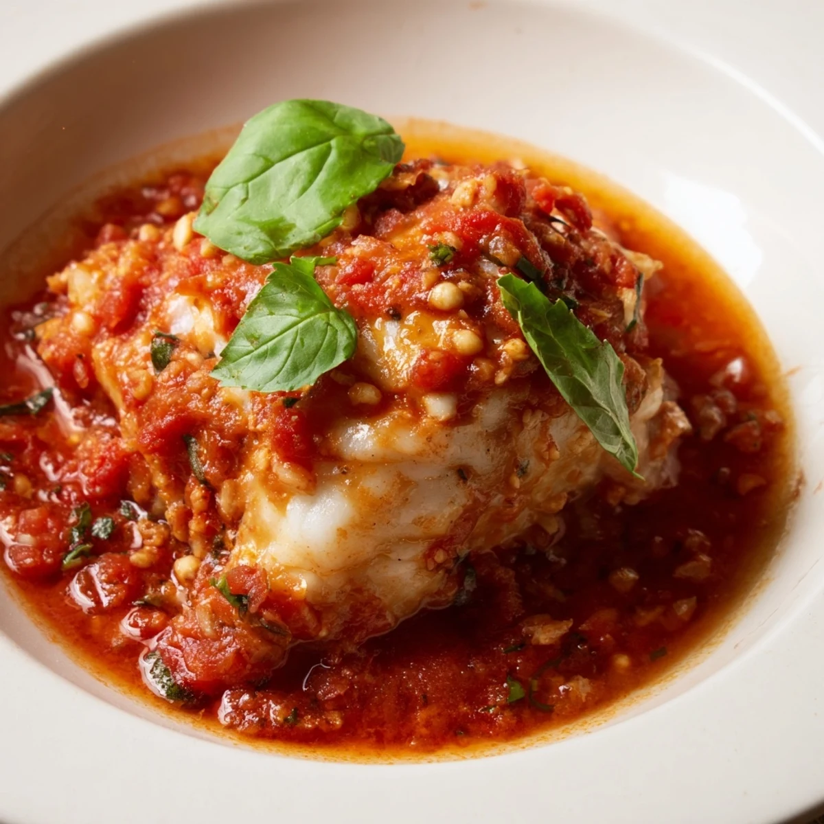 Golden-brown baked cod fillets nestled in a vibrant red tomato basil sauce, garnished with fresh green basil leaves in a white baking dish.