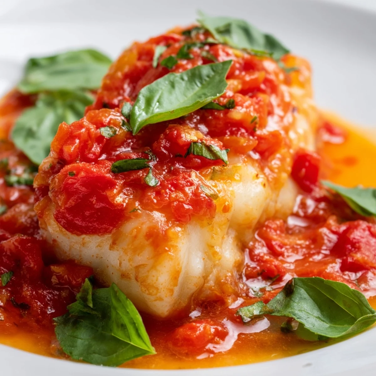 Four serving portions of baked cod with tomato basil sauce on a rustic wooden table, with a side of crusty bread and lemon wedges.