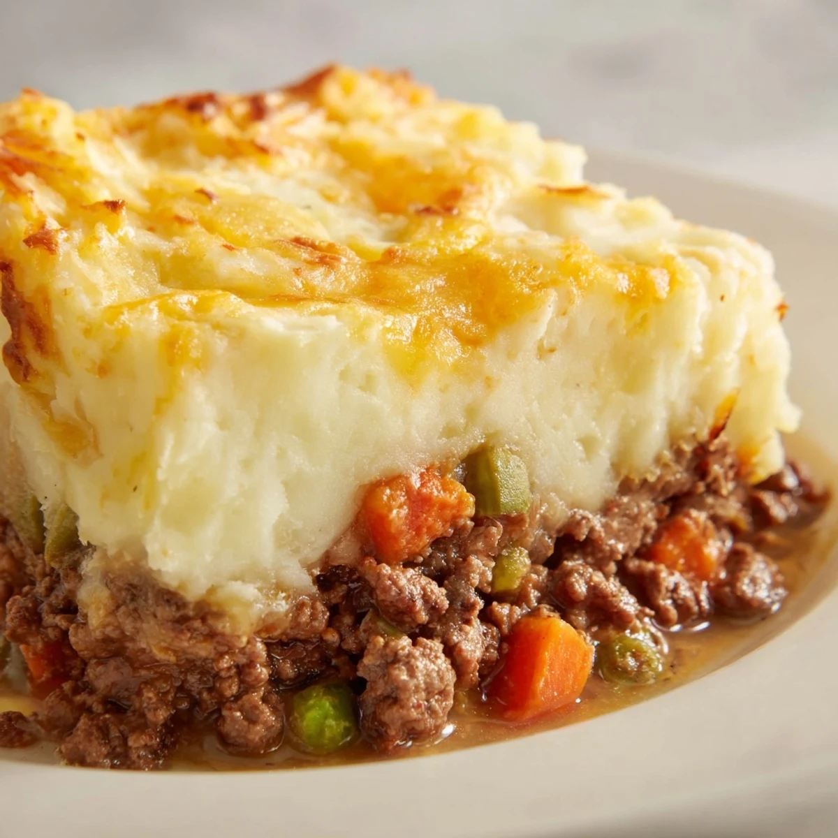 Golden, bubbling Beef Shepherds Pie with Cheddar Mash, baked in a dish with a rustic wooden spoon resting in the savory filling.