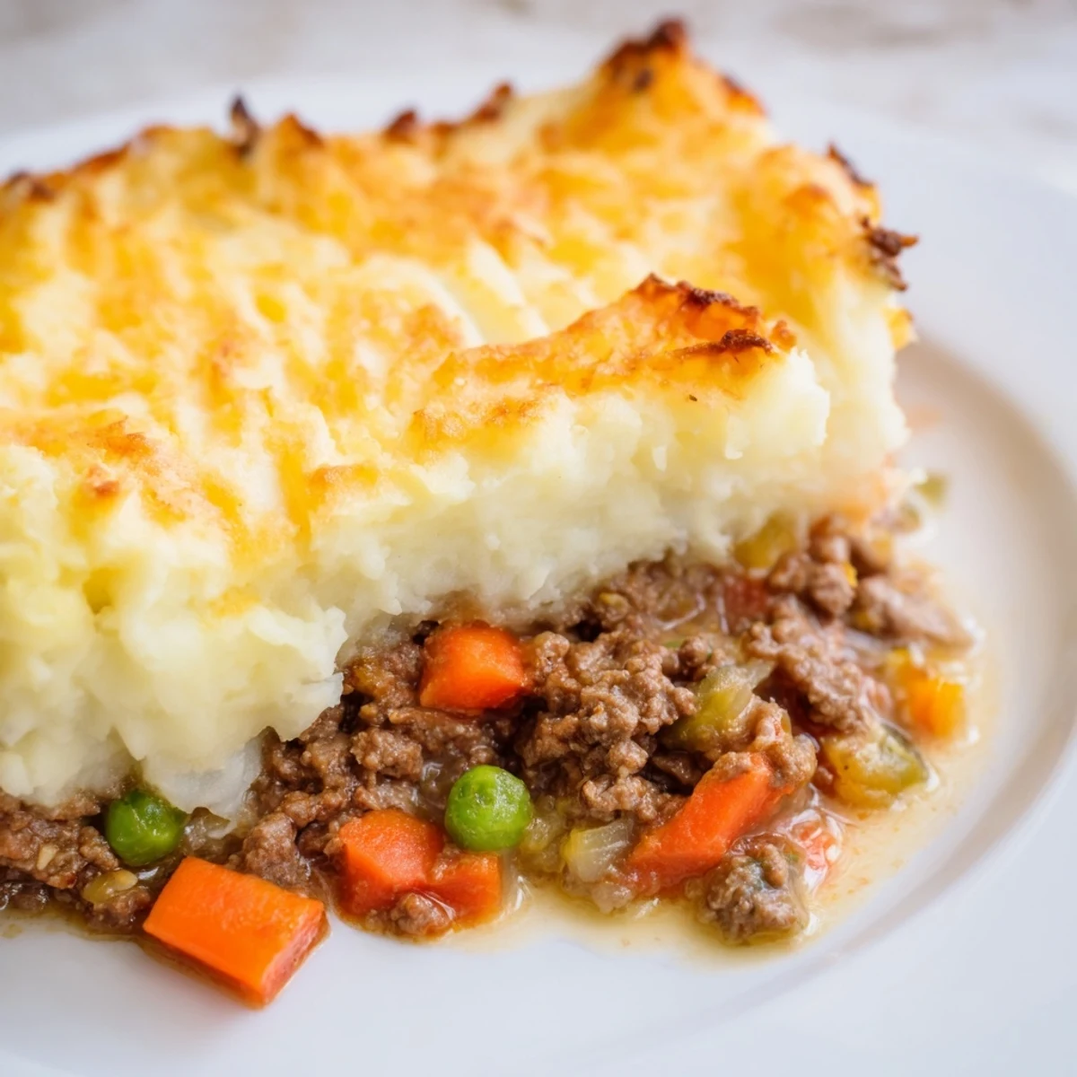 Close-up of Beef Shepherds Pie with Cheddar Mash, highlighting golden-brown cheese crust and steam rising from the savory ground beef and peas filling.