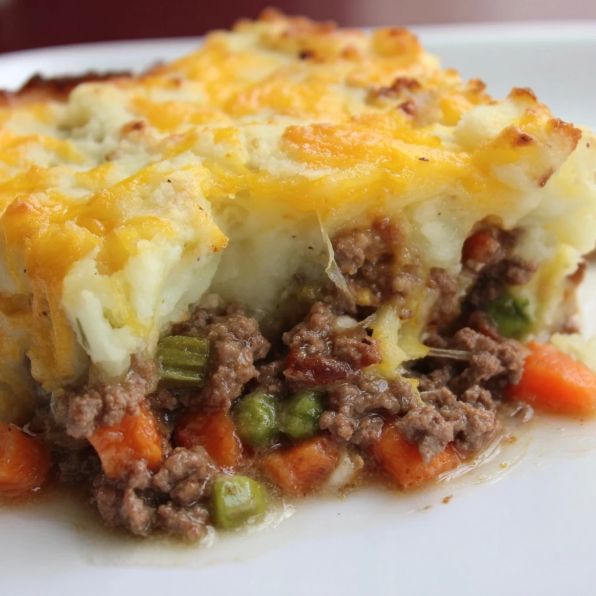 A hearty slice of Beef Shepherds Pie with Cheddar Mash shows a rich beef, pea, and vegetable layer beneath fluffy, cheesy potatoes.