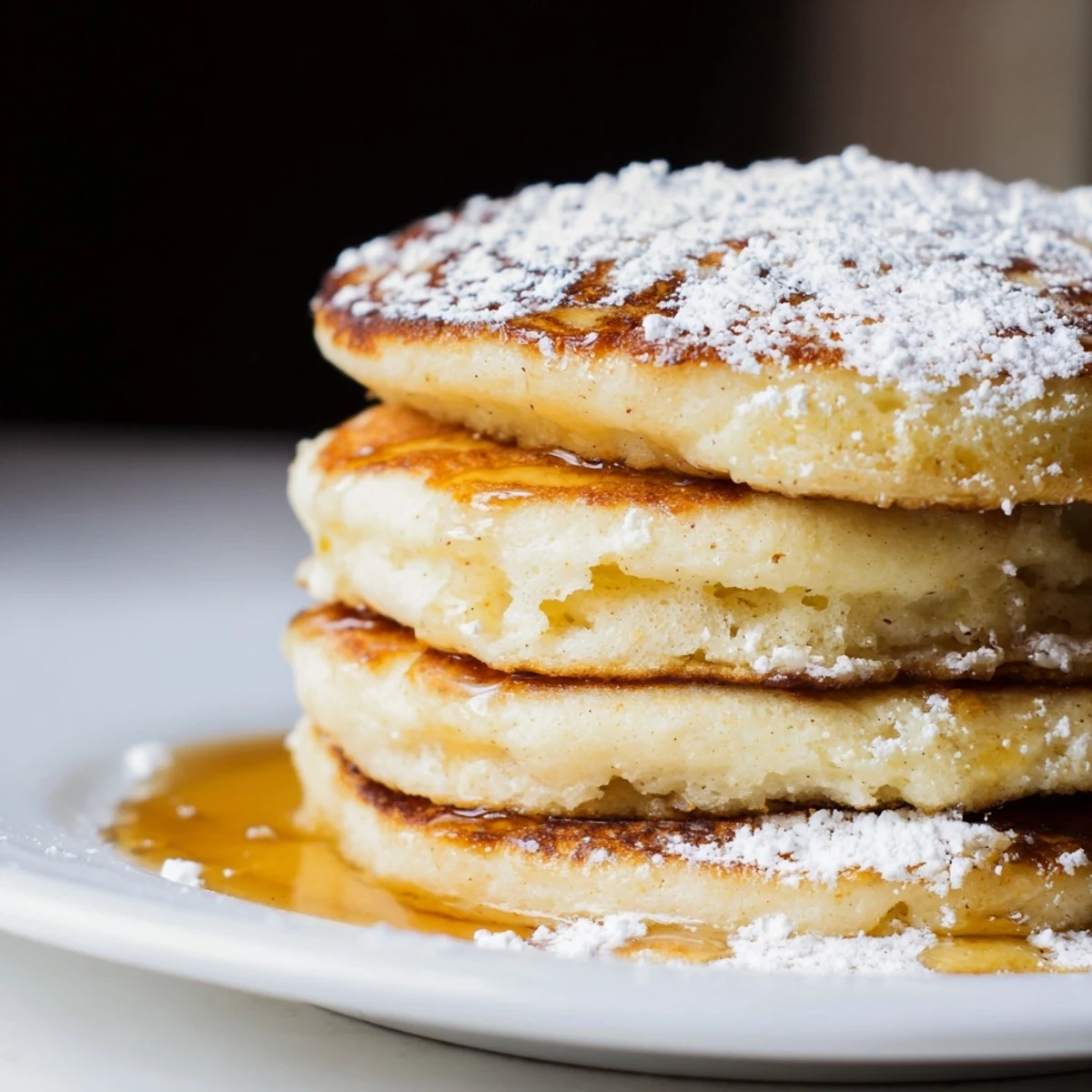 Golden-brown Lemon Ricotta Pancakes stacked high, drizzled with warm maple syrup and topped with fresh blueberries.