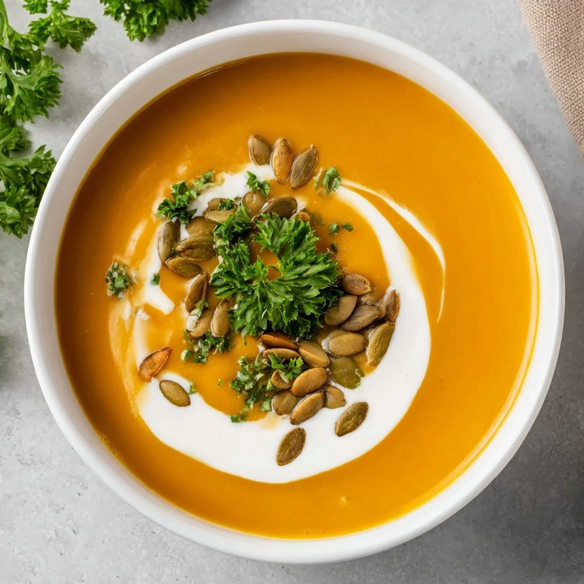 Creamy orange Winter Squash Soup with Apple in a rustic bowl, garnished with toasted pumpkin seeds and a swirl of cream.