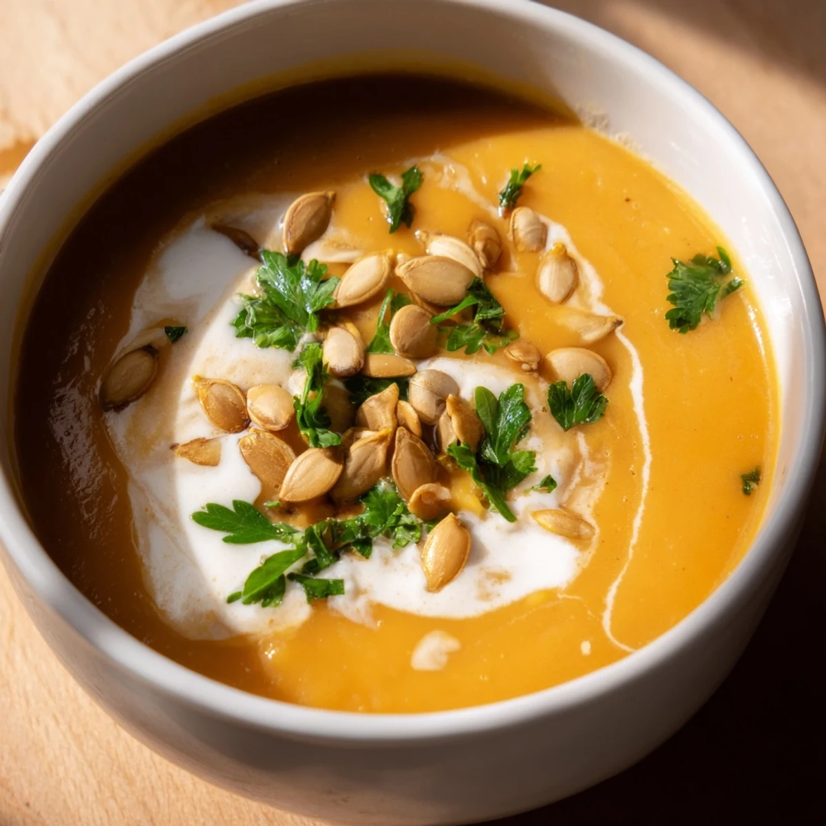 A ladle pours silky, orange Winter Squash Soup with Apple from a Dutch oven into a bowl with fresh parsley.
