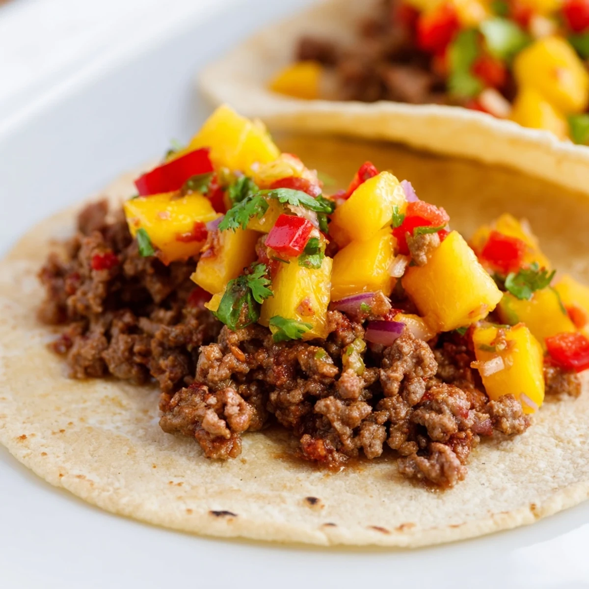 Close-up of Spicy Beef Tacos with Mango Salsa on a plate, showcasing juicy seasoned beef and vibrant diced mango.