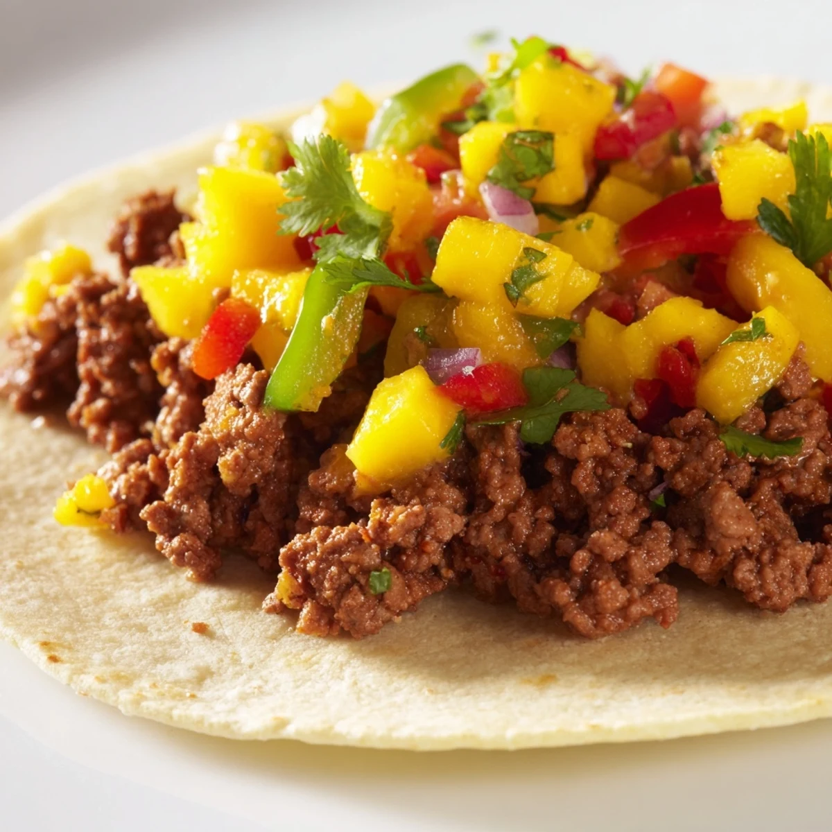 A hand spoons Spicy Beef Tacos with Mango Salsa into warm corn tortillas with cilantro garnish.