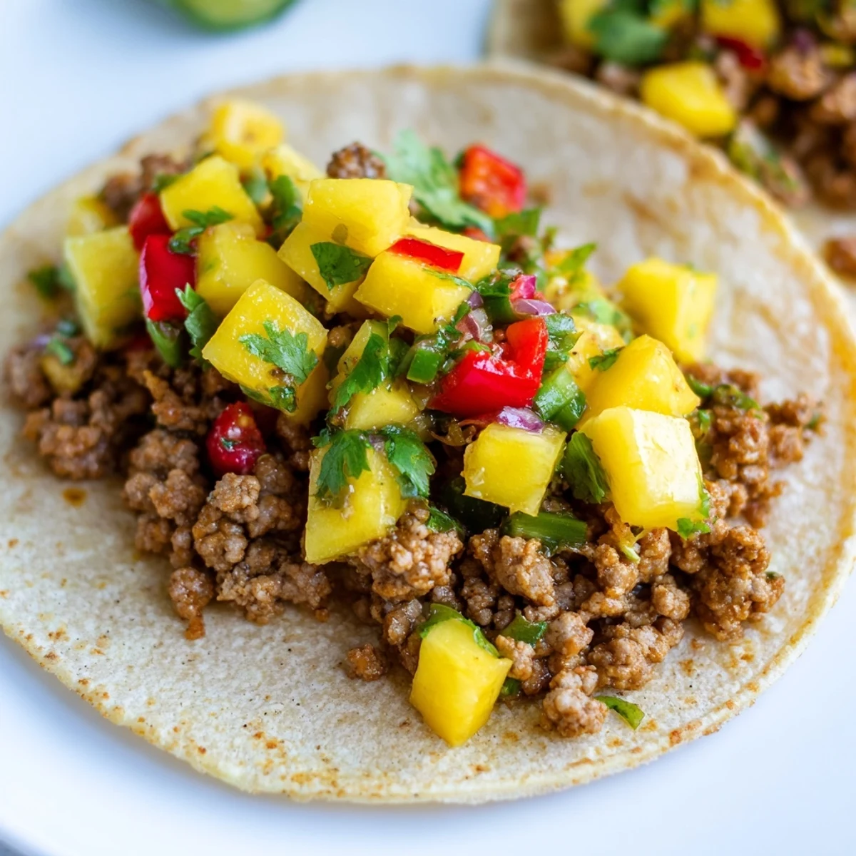 Overhead view of Spicy Beef Tacos with Mango Salsa served with lime wedges and fresh red onion.