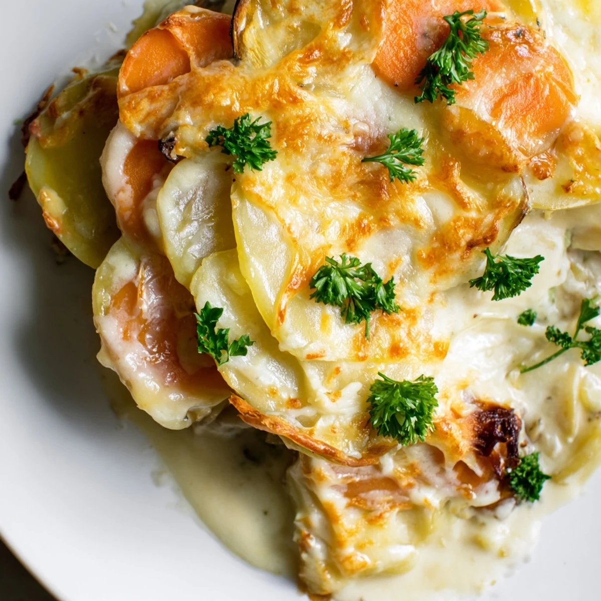 A close-up of Winter Vegetable Gratin with Gruyere, featuring bubbly, golden-brown cheese over tender carrots and potatoes.