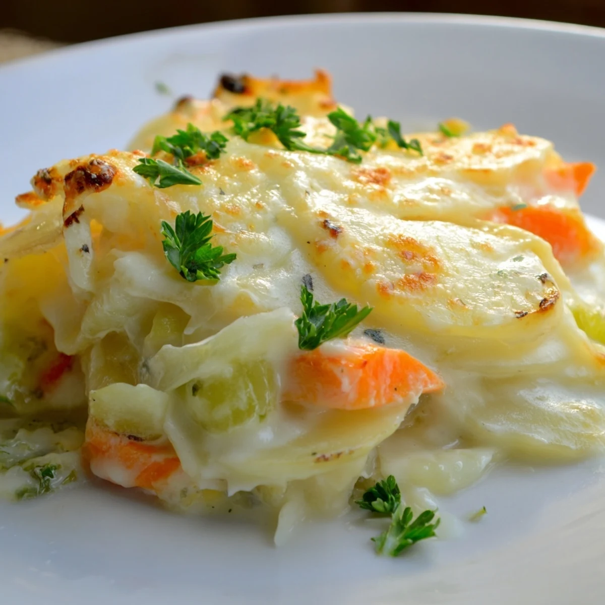 Sliced parsnips and leeks in a creamy sauce fill this baking dish, topped with a crusty layer of melted Gruyere.