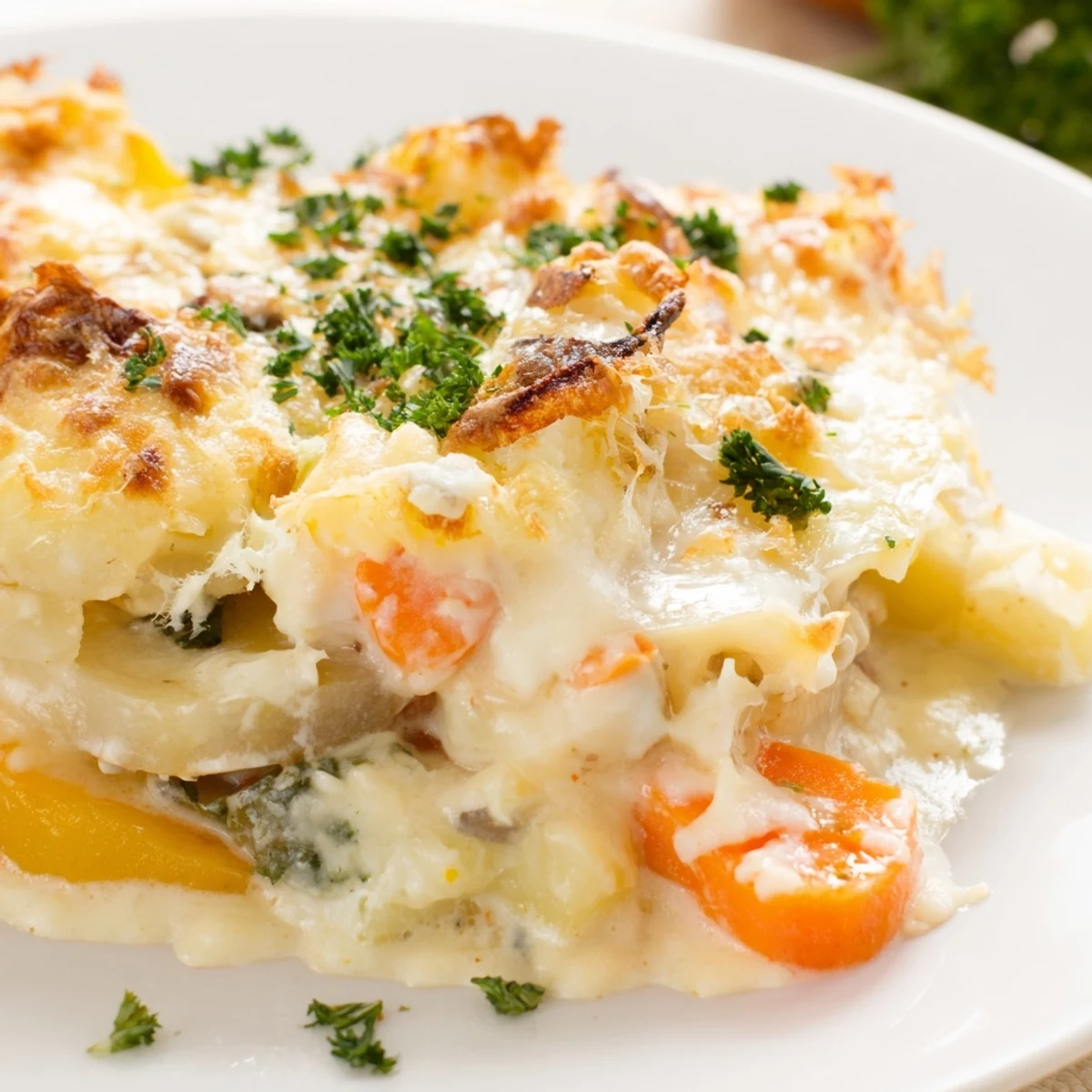 Freshly baked Winter Vegetable Gratin with Gruyere, garnished with parsley, served hot from the oven as a comforting side.