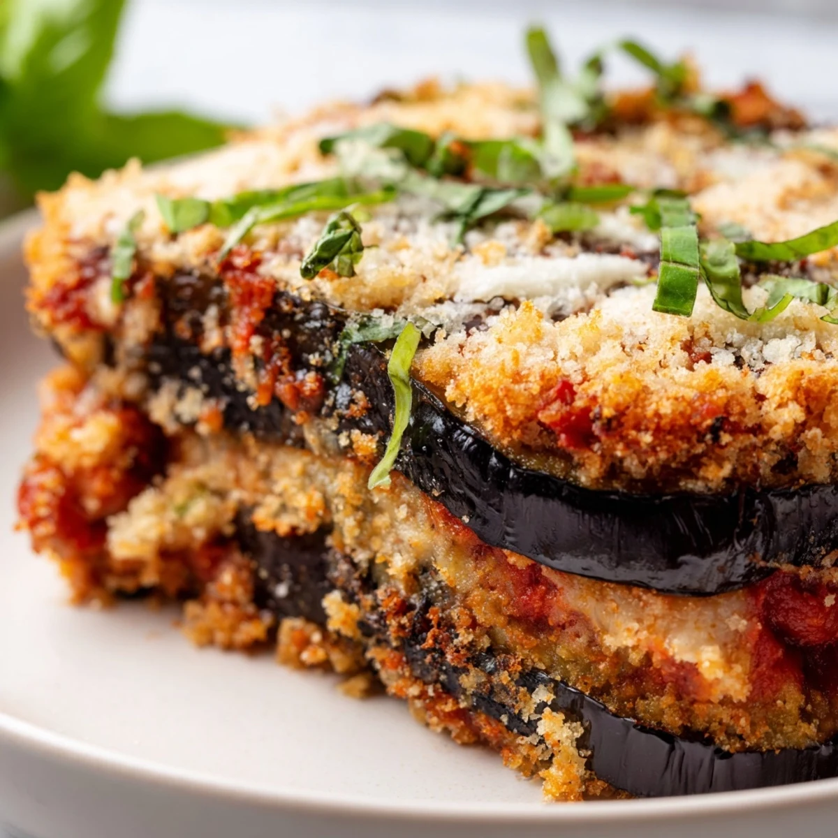 Golden-baked eggplant slices layered with rich marinara sauce and melted mozzarella in a casserole dish for Baked Eggplant Parmesan.
