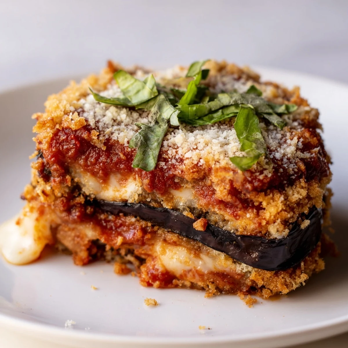 A close-up of crispy, panko-crusted eggplant rounds topped with marinara and Parmesan cheese for a hearty vegetarian meal.