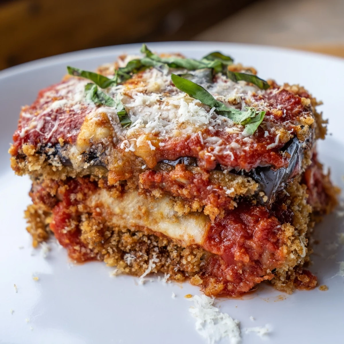 Freshly baked Baked Eggplant Parmesan with bubbling cheese and fresh basil garnish, served alongside a crisp green salad.