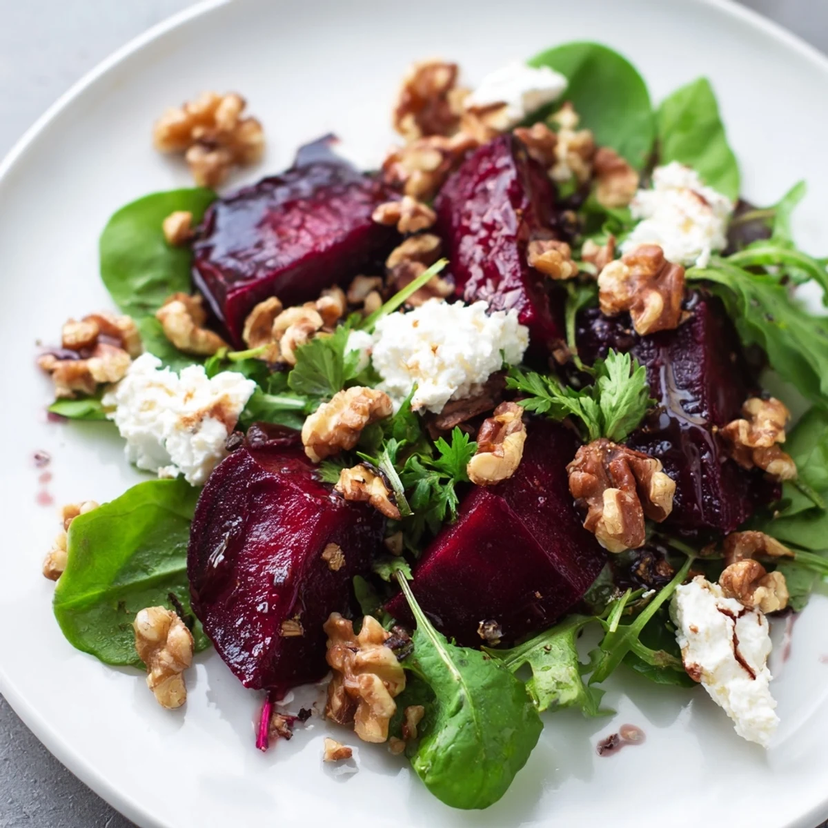 Close-up of Roasted Beet Salad with Goat Cheese showing glossy beet wedges, creamy cheese crumbles, and toasted nuts on mixed greens.