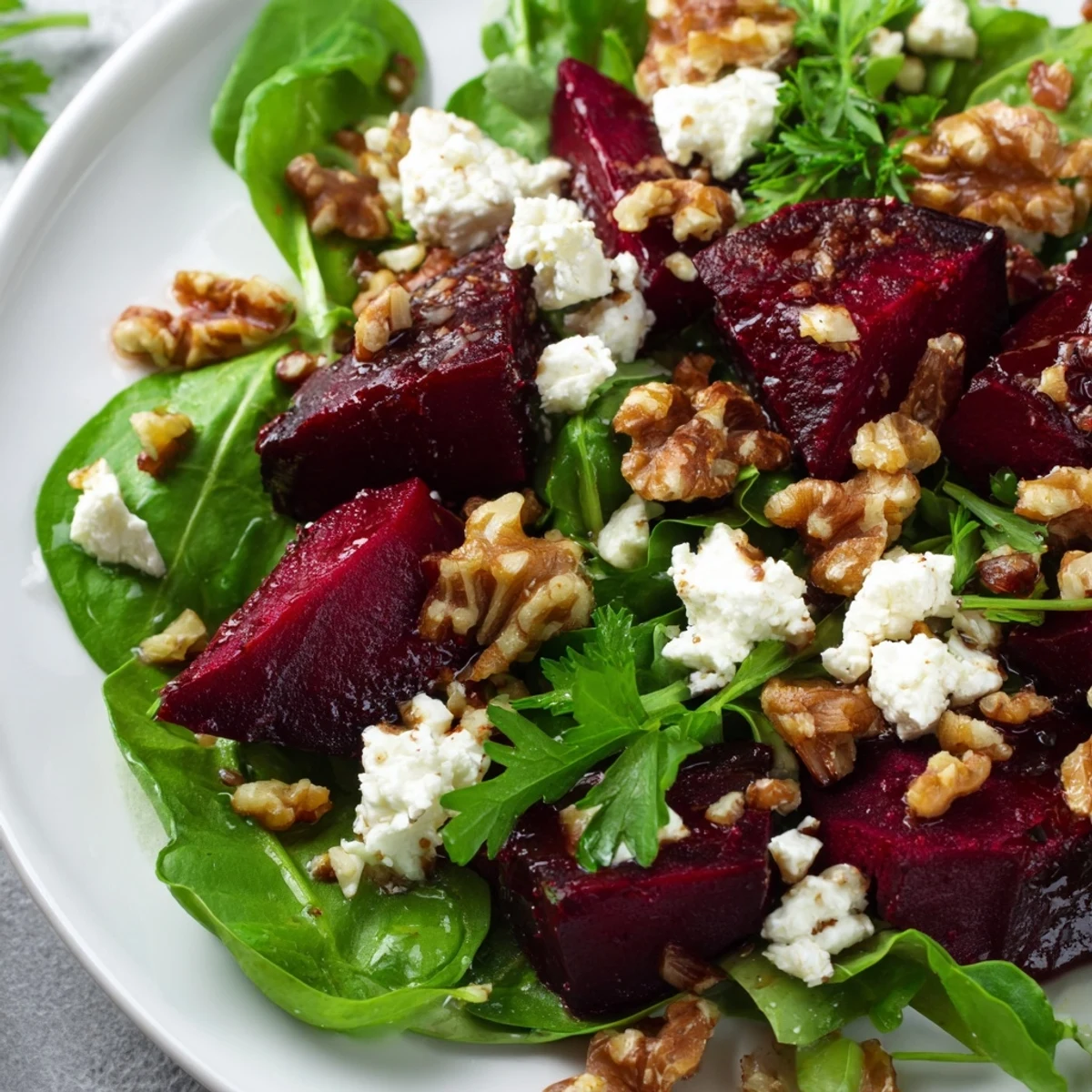 A fork-ready plate of Roasted Beet Salad with Goat Cheese over arugula, drizzled with balsamic vinaigrette for a tangy finish.