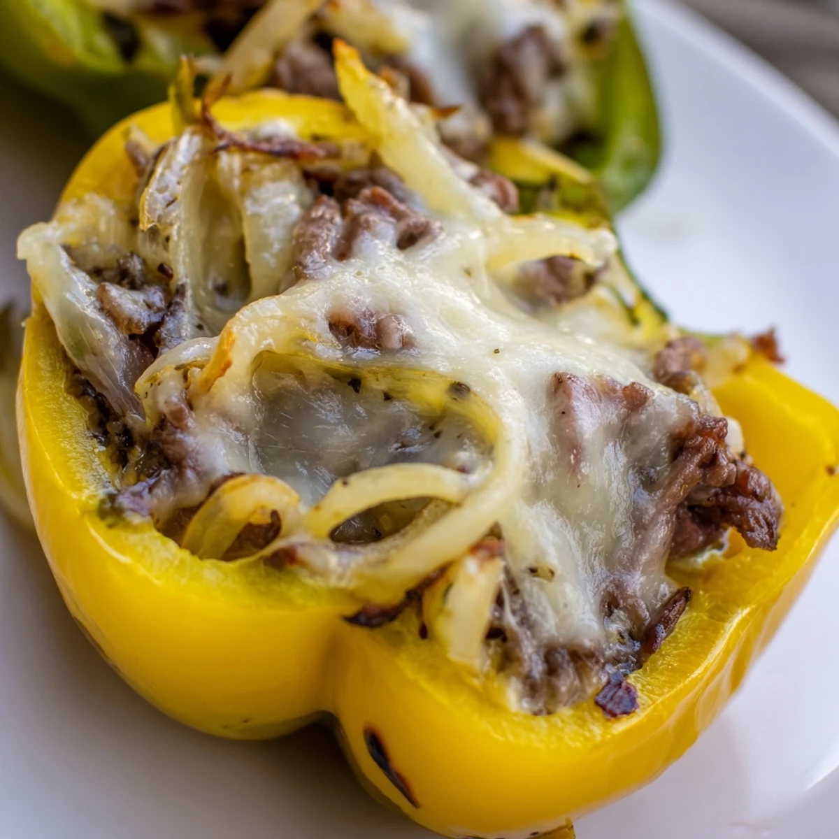 Golden-brown Beef Philly Cheesesteak Stuffed Peppers topped with melted provolone, served hot from the oven.