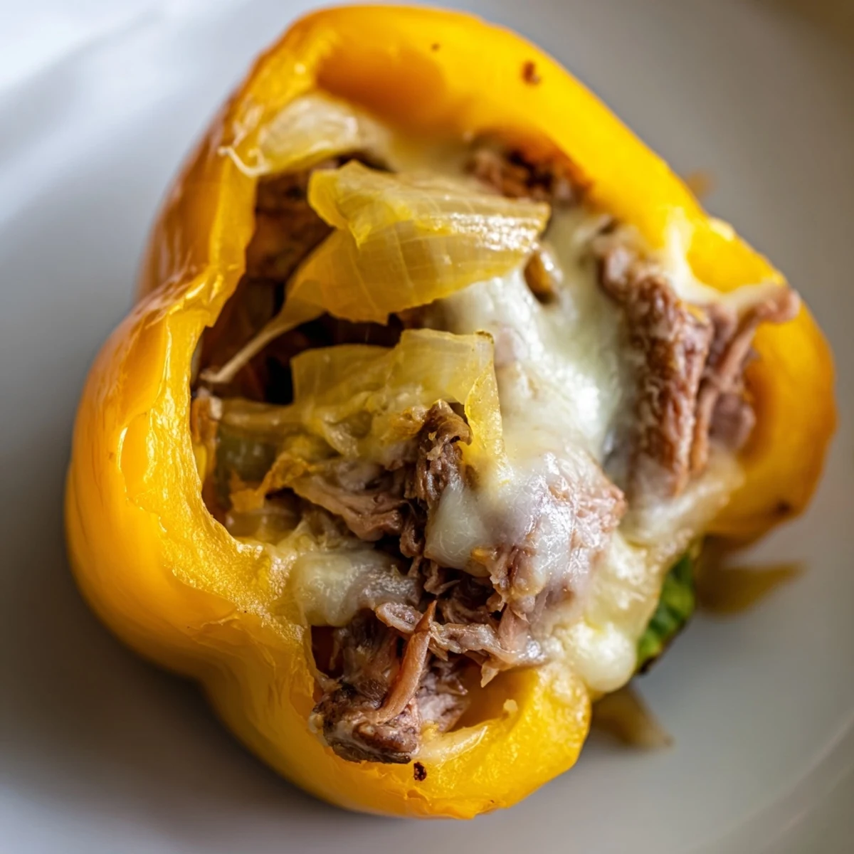 Close-up of melty provolone cheese stretching over a seasoned beef and veggie stuffed pepper half.
