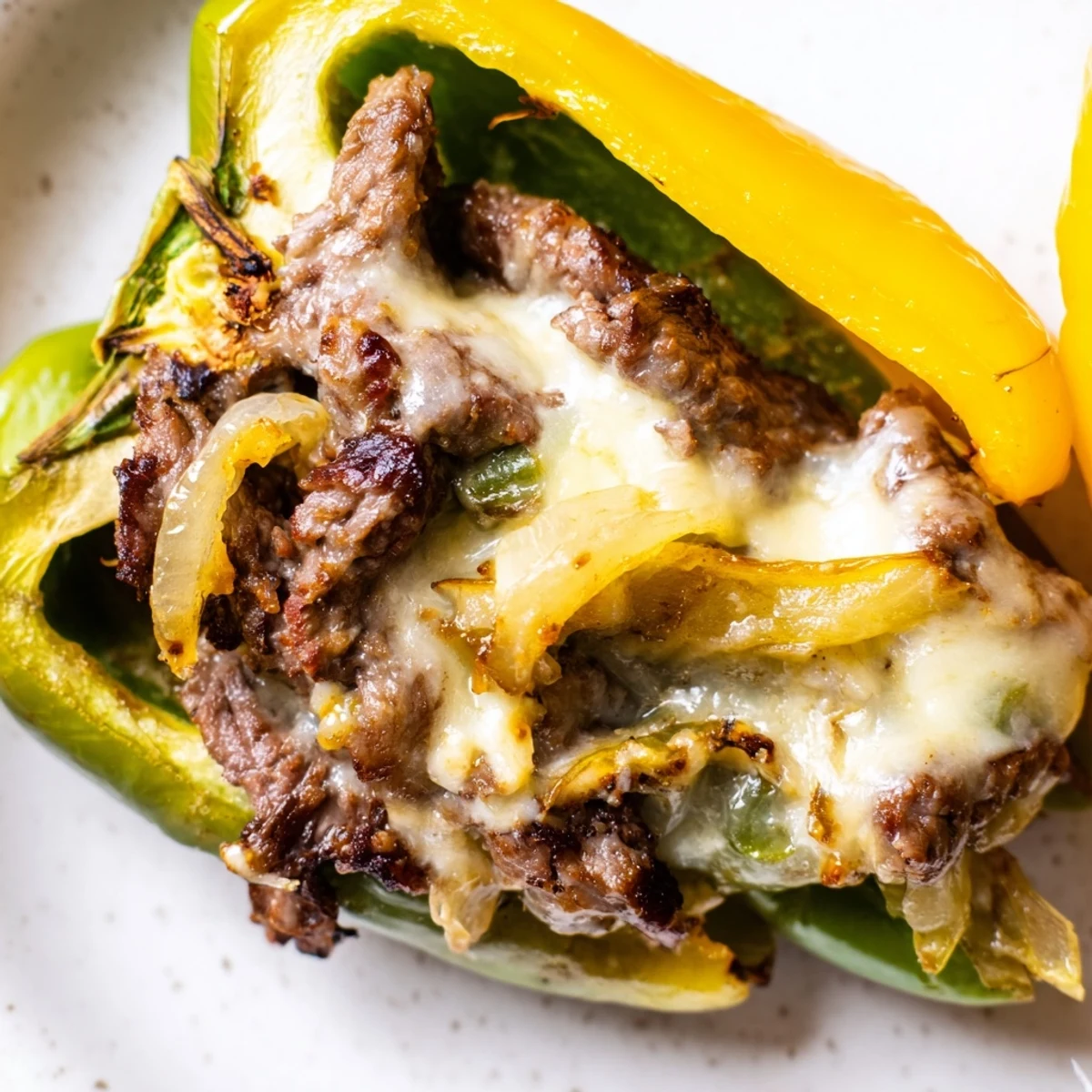 Juicy beef, onions, and sautéed mushrooms fill roasted bell peppers for a savory low-carb dinner.