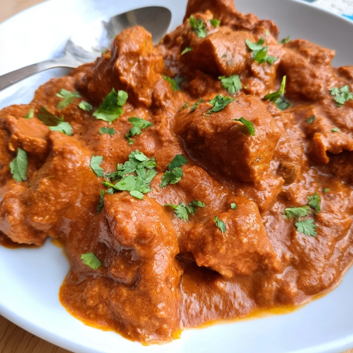 Sizzling, golden-brown chicken tikka masala simmers in a creamy tomato sauce, served alongside fluffy basmati rice, ready to enjoy.
